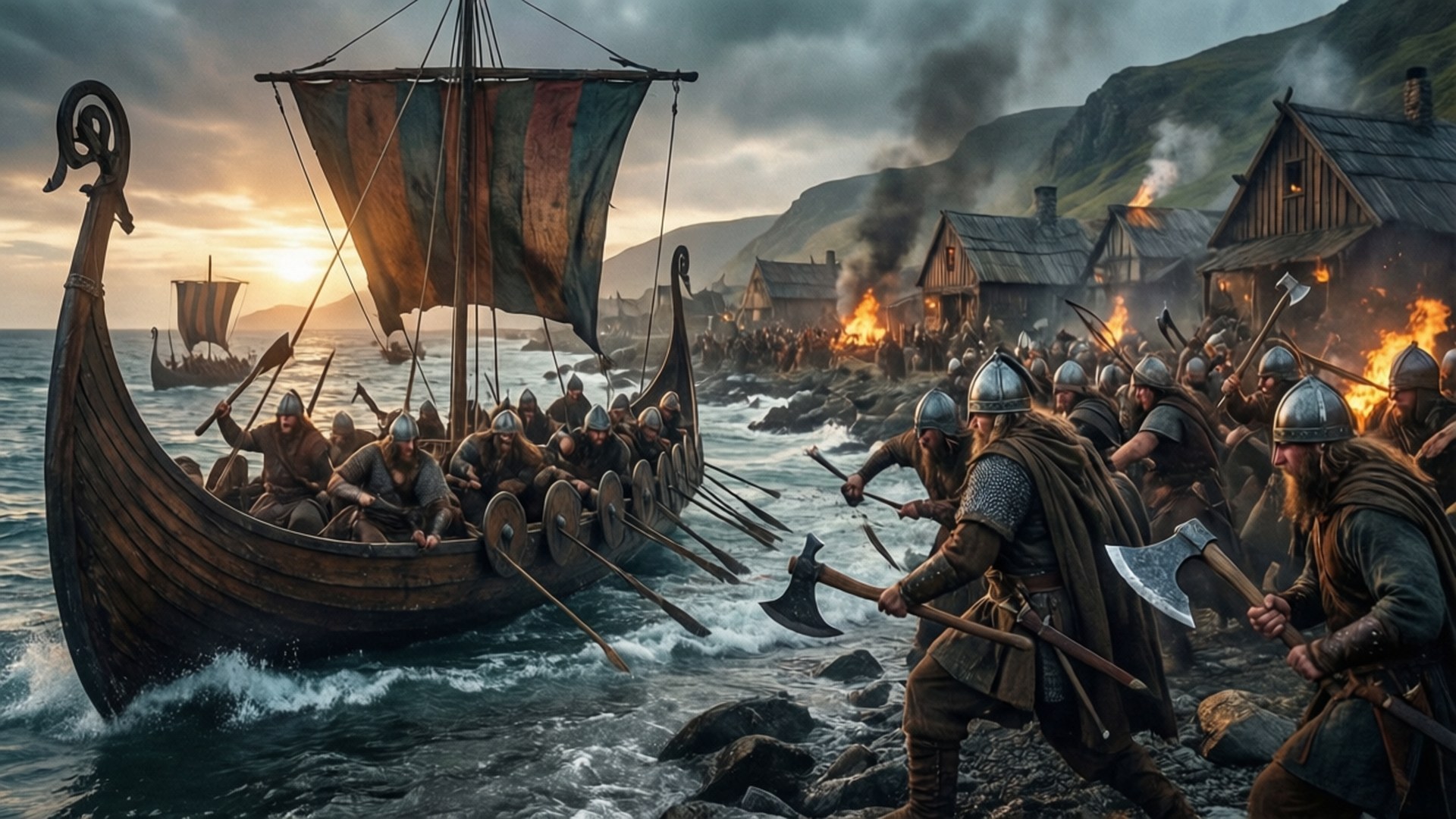 Epic Viking Raid 壁紙 — 維京戰士從長船登陸岩石海岸，他們的村莊在熾熱的夕陽下在他們身後燃燒。