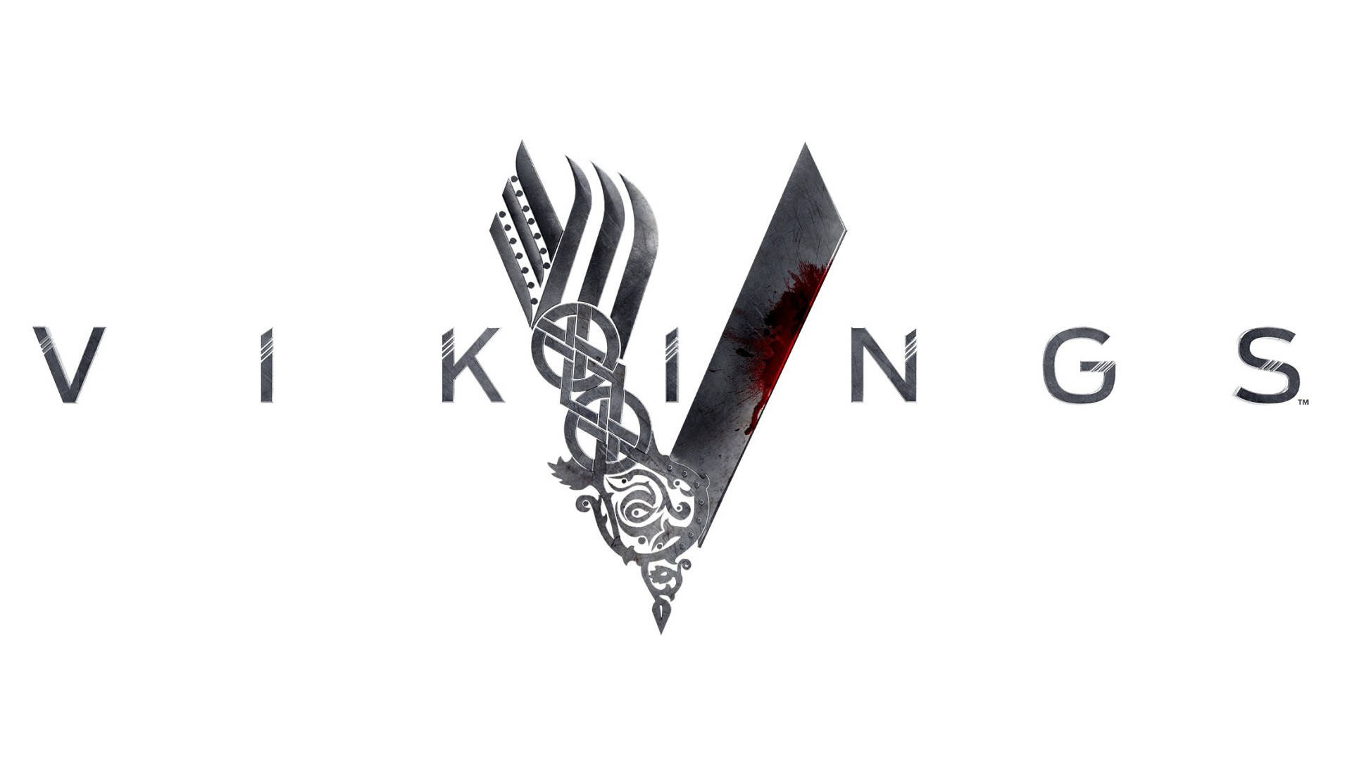 Vikings 桌布 壁紙 — 「Vikings」一詞以白色背景襯托出一個風格化的V，配以血跡斑斑的斧頭和北歐結飾圖案。
