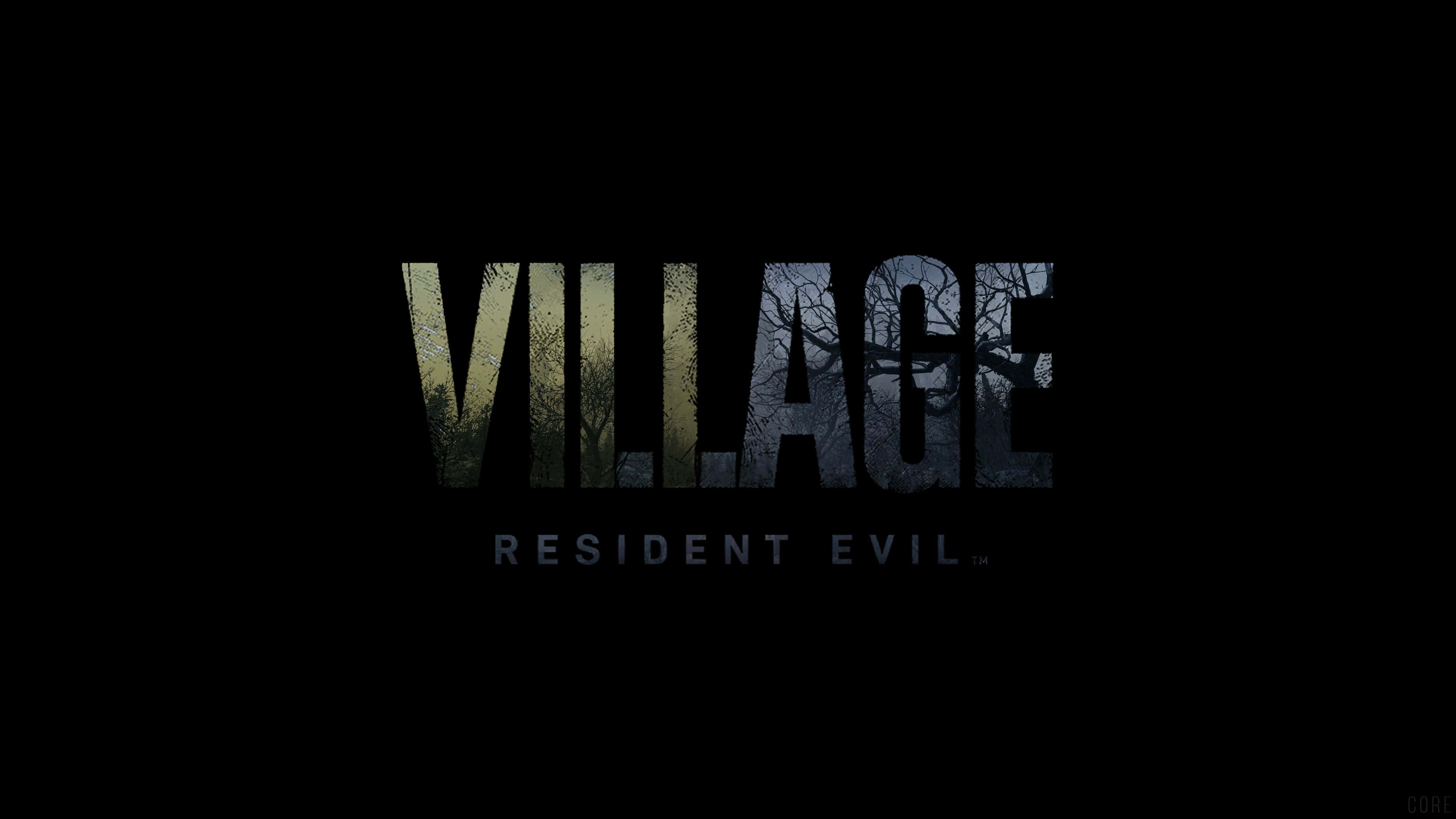 Resident Evil Village 桌布 壁紙 — 「VILLAGE」一詞在黑色背景上，字母內閃爍著詭異的森林圖像，下方寫著 RESIDENT EVIL。