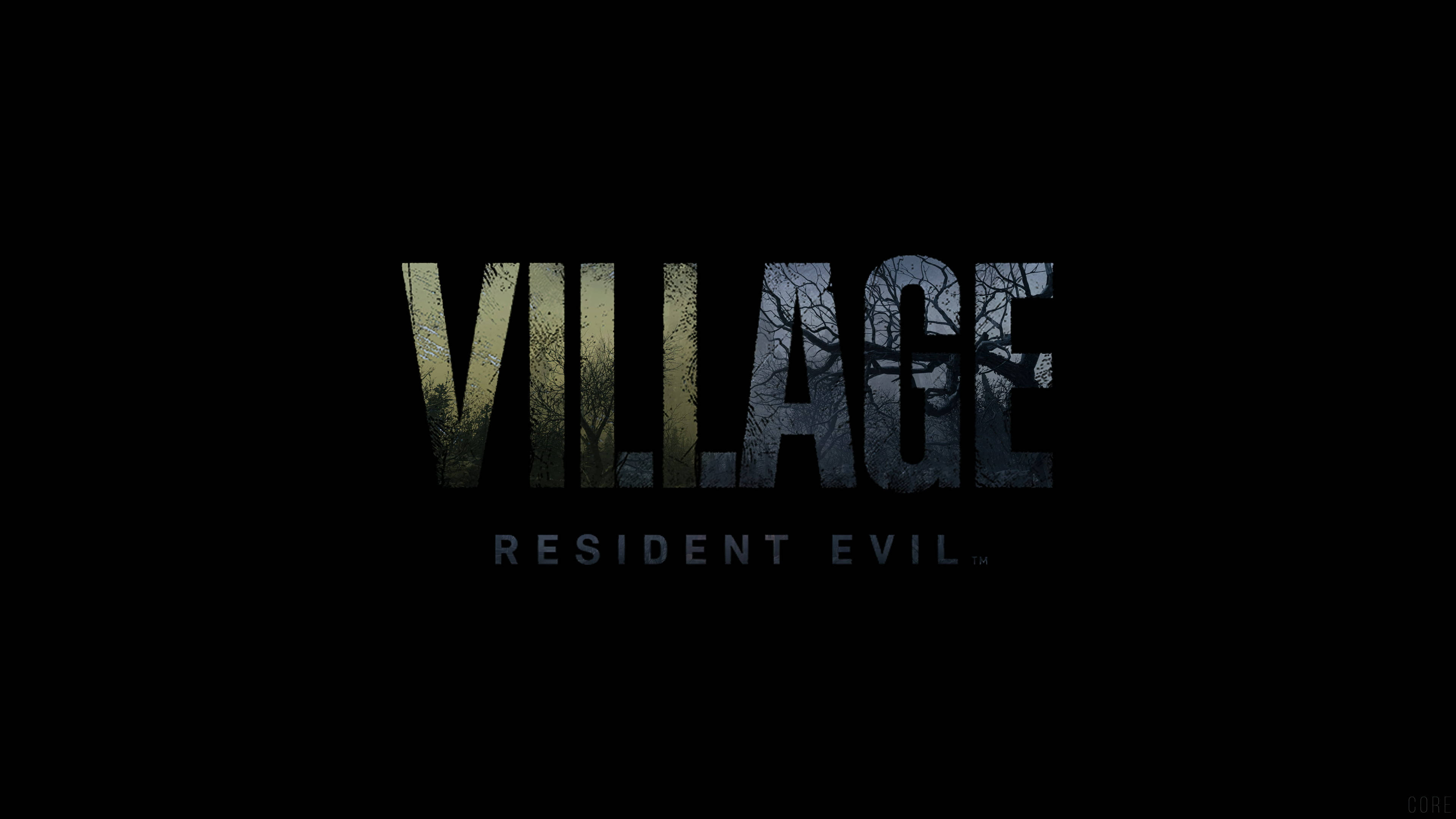 evil 桌布 壁紙 — 「VILLAGE」一詞在黑色背景上，字母內閃爍著詭異的森林圖像，下方以細小文字寫著「RESIDENT EVIL」。