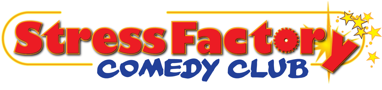 Company Logo 桌布 壁紙 — Vinnie Brand's Stress Factory Comedy Club 標誌，採用粗體紅、黃、藍色文字，以及一隻卡通手拿著星星。
