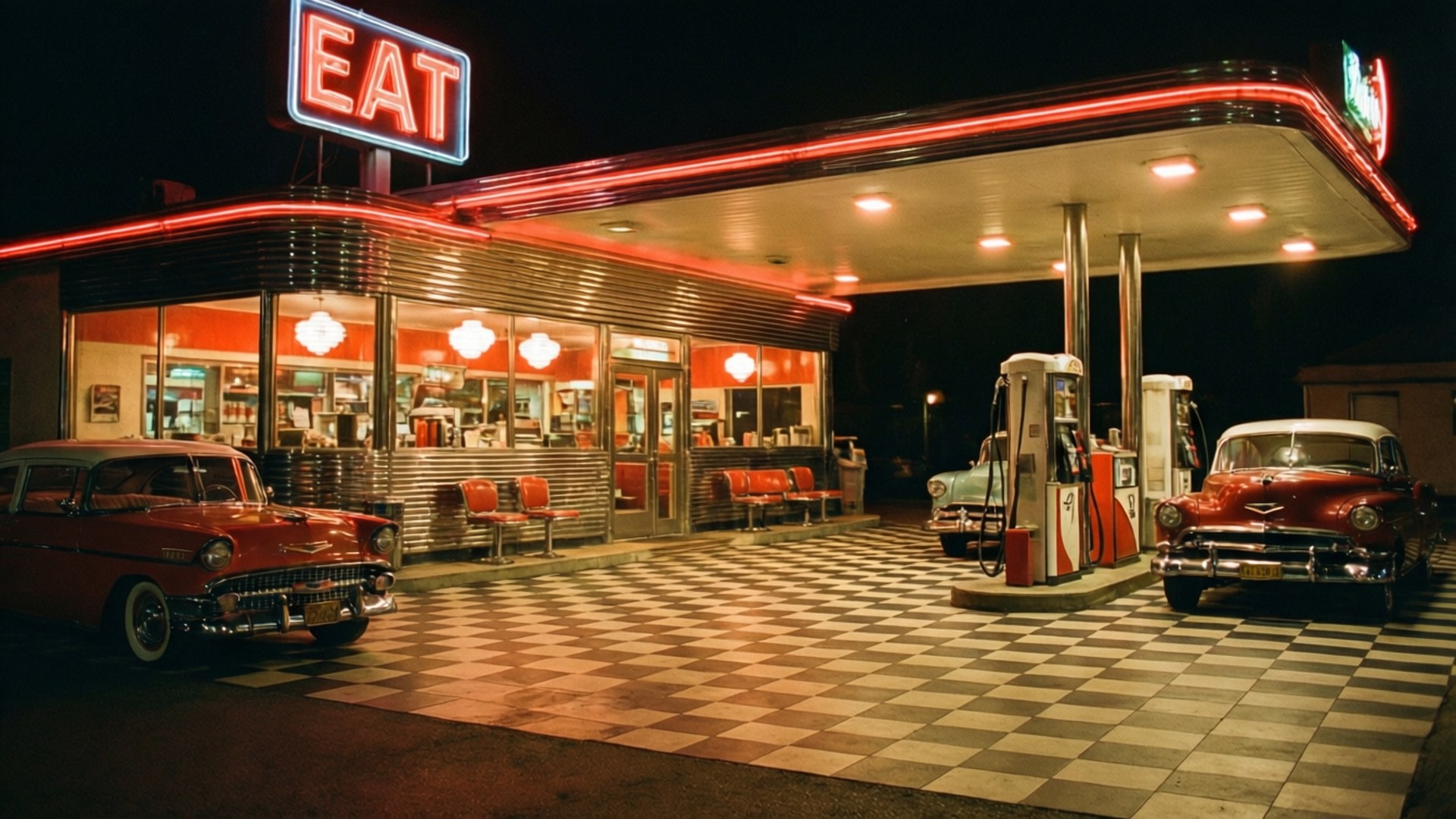 Retro Diner Gas Station 壁紙 — 一間1950年代懷舊風格的餐廳和加油站，夜晚被紅色霓虹燈和棋盤格路面照亮，外面停著經典汽車。