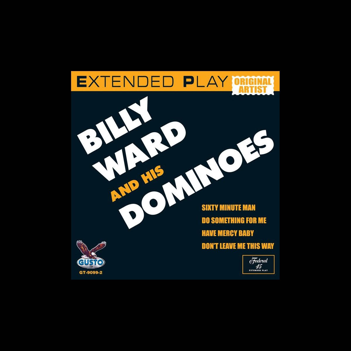 band 桌布 壁紙 — Billy Ward and His Dominoes 的復古 1950 年代 EP 封面，深藍色背景上帶有粗體白色和橙色文字以及鷹標誌。