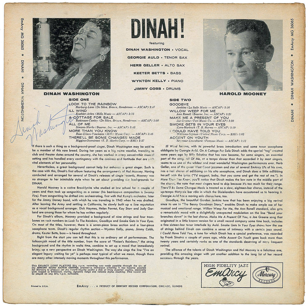Legend 桌布 壁紙 — Dinah Washington 的復古 1950 年代爵士樂專輯封面，在陳舊的奶油色紙上帶有手寫簽名和曲目列表。
