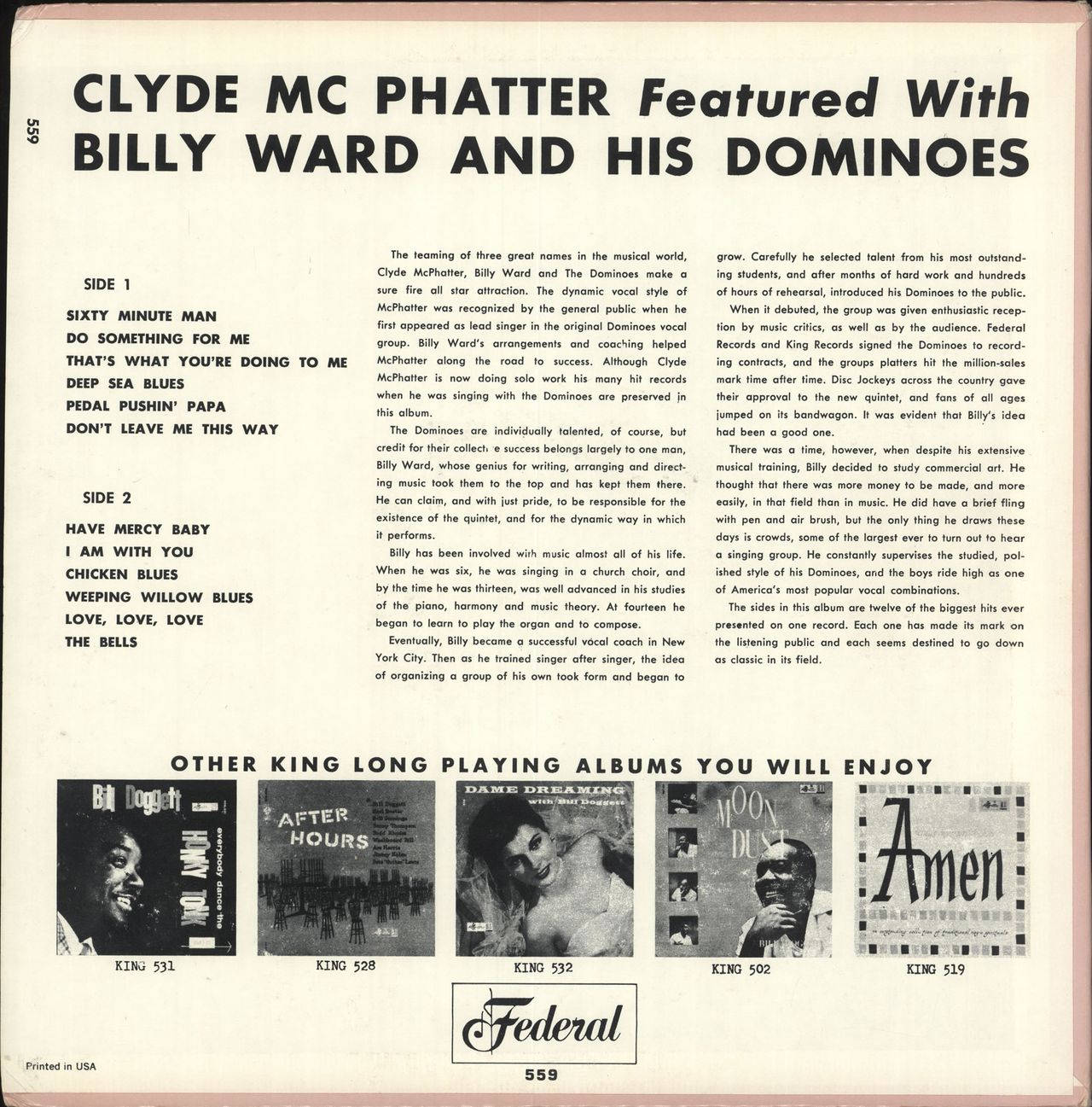 band 桌布 壁紙 — Clyde McPhatter featuring Billy Ward and His Dominoes 的 1950 年代復古黑膠唱片封底，附有歌曲列表和藝術家傳記。
