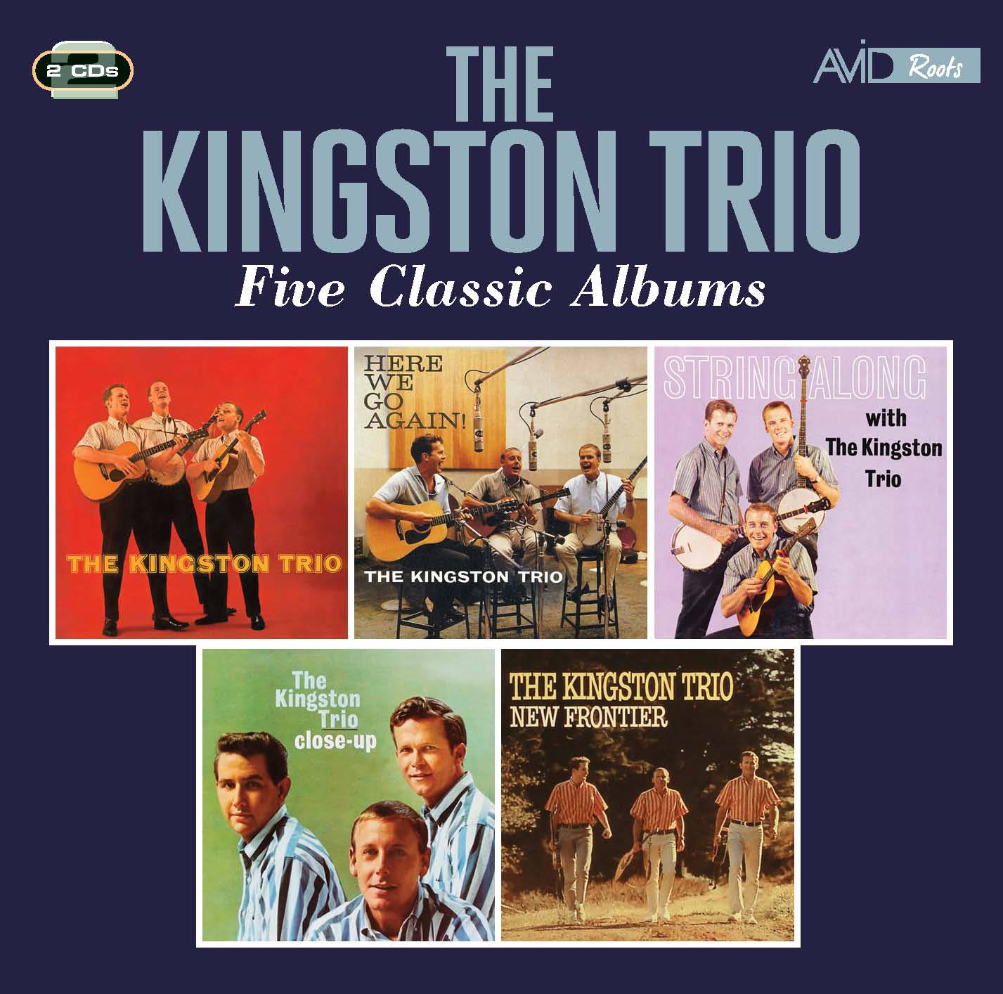 音樂 桌布 壁紙 — The Kingston Trio 的復古專輯封面拼貼，包含五張經典專輯藝術，音樂家穿著條紋襯衫和原聲樂器。