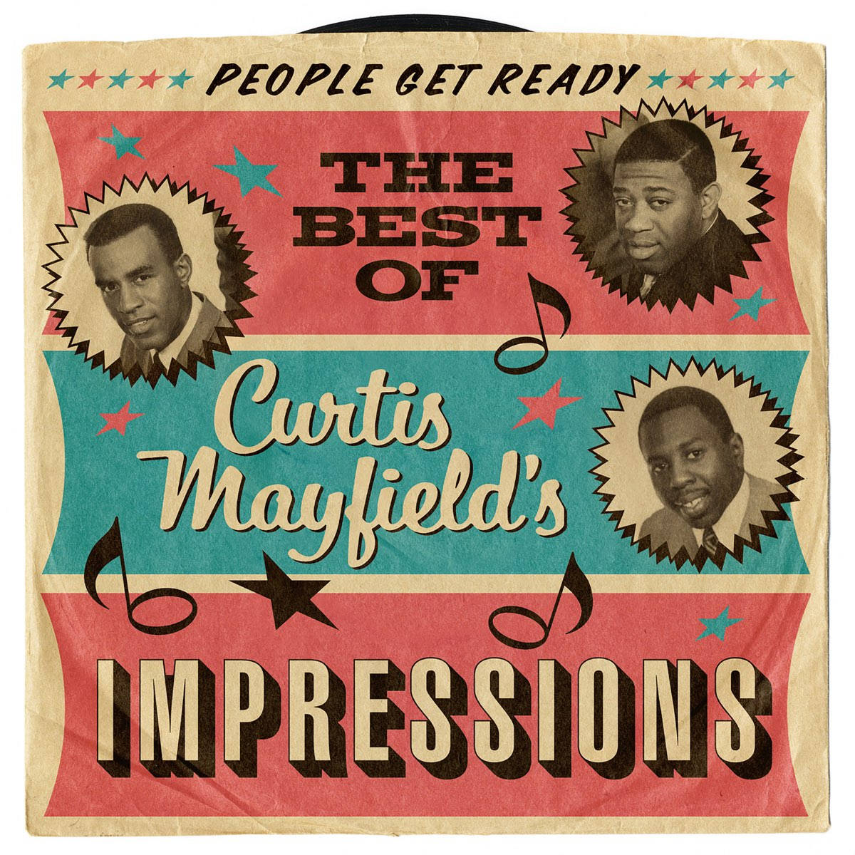 Celebrity 桌布 壁紙 — Curtis Mayfield 的 Impressions 復古專輯封面，三個肖像在紅色和藍綠色背景上，帶有星星和音符。