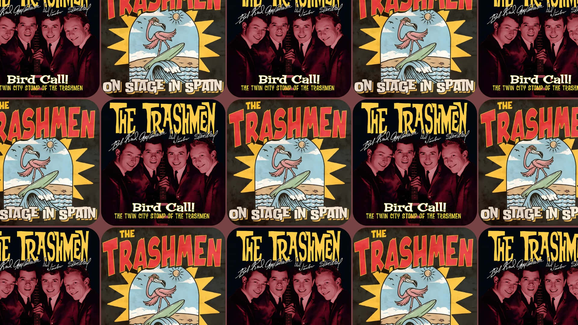  壁紙 — 復古專輯封面圖案， featuring The Trashmen 和一隻在衝浪板上的火烈鳥，在陽光四射之下。