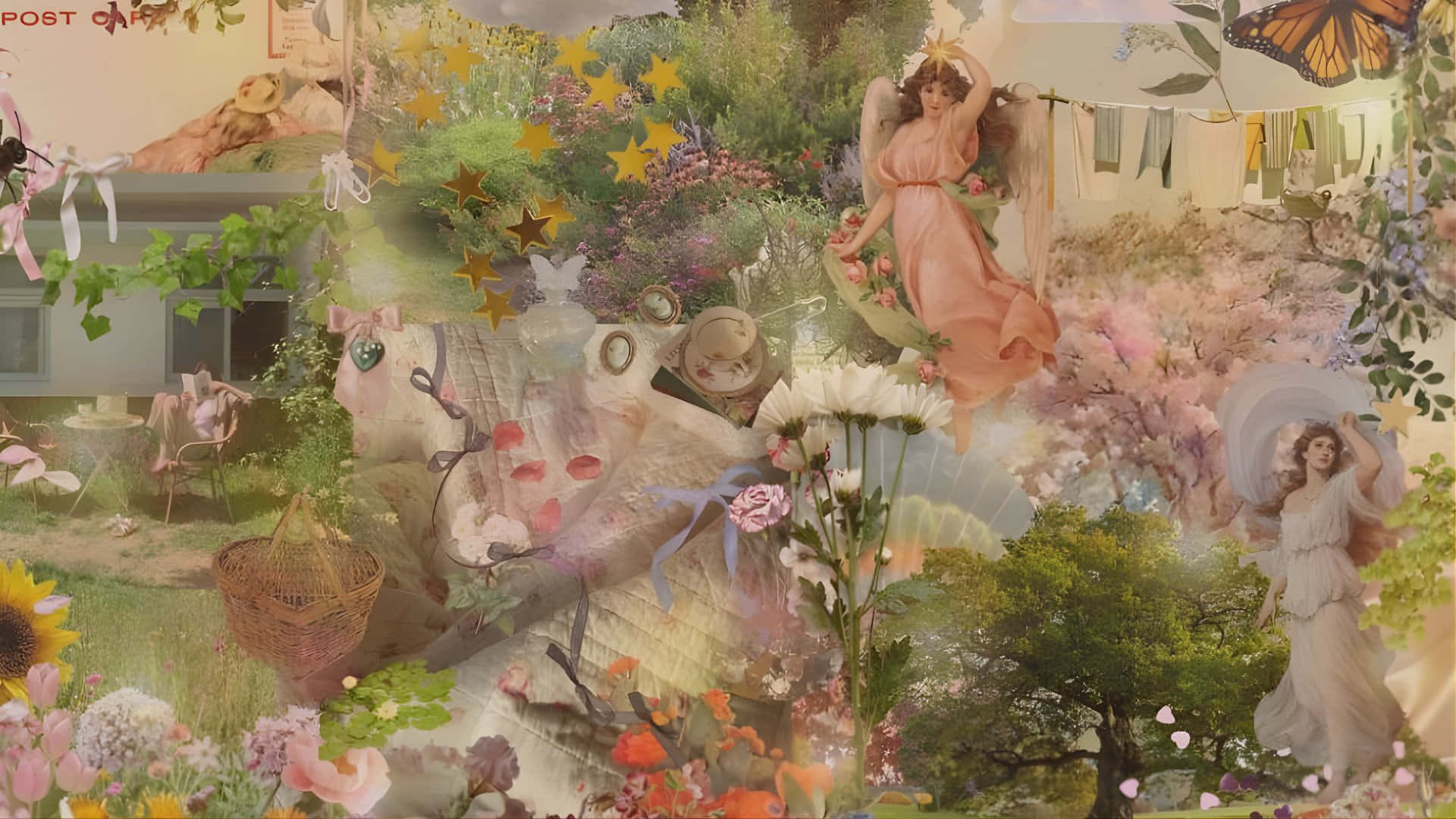  壁紙 — 一個夢幻般的復古天使、花朵、星星和衣物的拼貼畫，採用柔和的粉彩調，營造出一個異想天開的魔法花園場景。