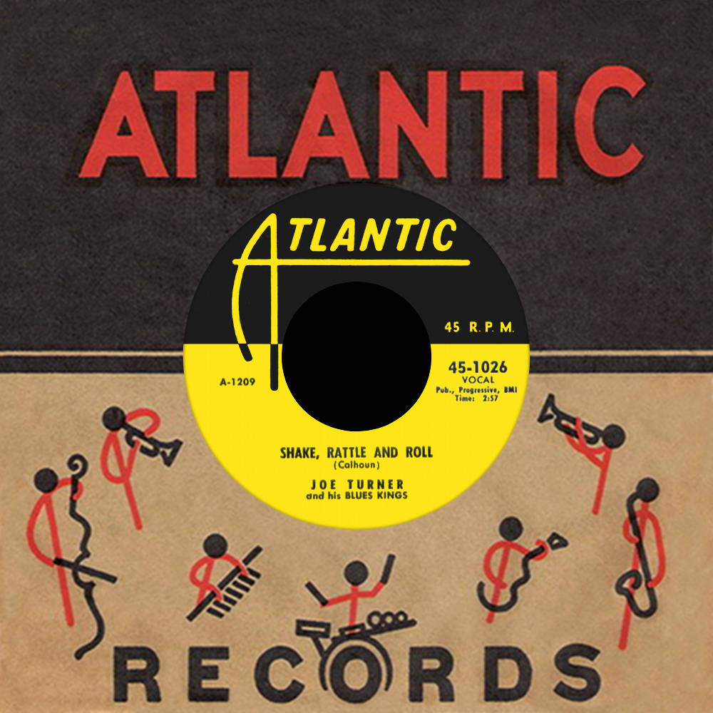 Entertainment 桌布 壁紙 — Joe Turner and his Blues Kings 的 Shake Rattle and Roll 的復古 Atlantic Records 45 RPM 黑膠唱片標籤，帶有風格化的音樂家圖案。
