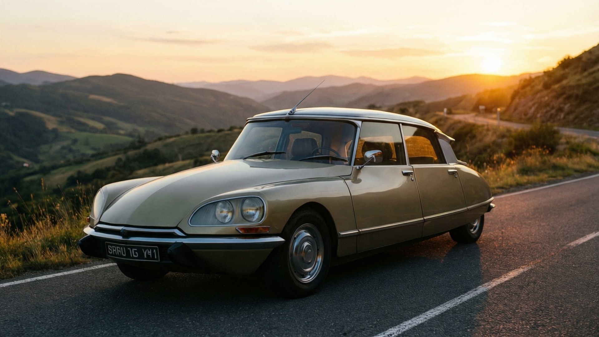 Citroen Ds Wild Rubis 桌布 壁紙 — 一輛復古米色雪鐵龍DS在金色日落時分沿著蜿蜒的山路行駛，背景是起伏的丘陵。