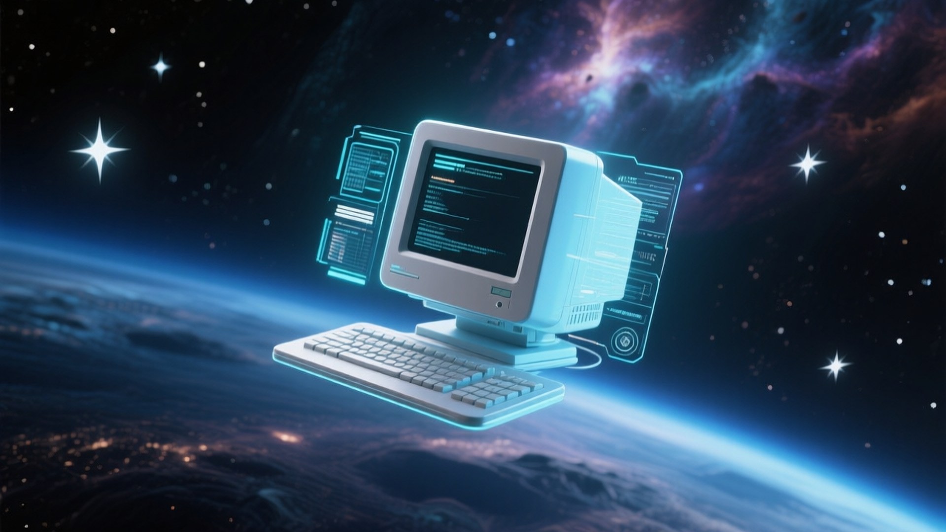 Space Computer Hologram 壁紙 — 一台復古米色電腦，帶有發光藍色介面，在星空宇宙背景下漂浮在地球上方。