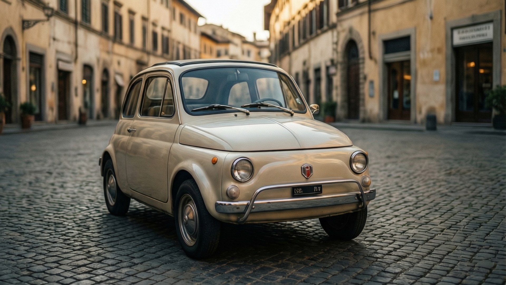 Italian Piazza Vintage 壁紙 — 一輛復古米色菲亞特500停泊在陽光普照的鵝卵石街道上，兩旁是歷史悠久的歐洲建築。