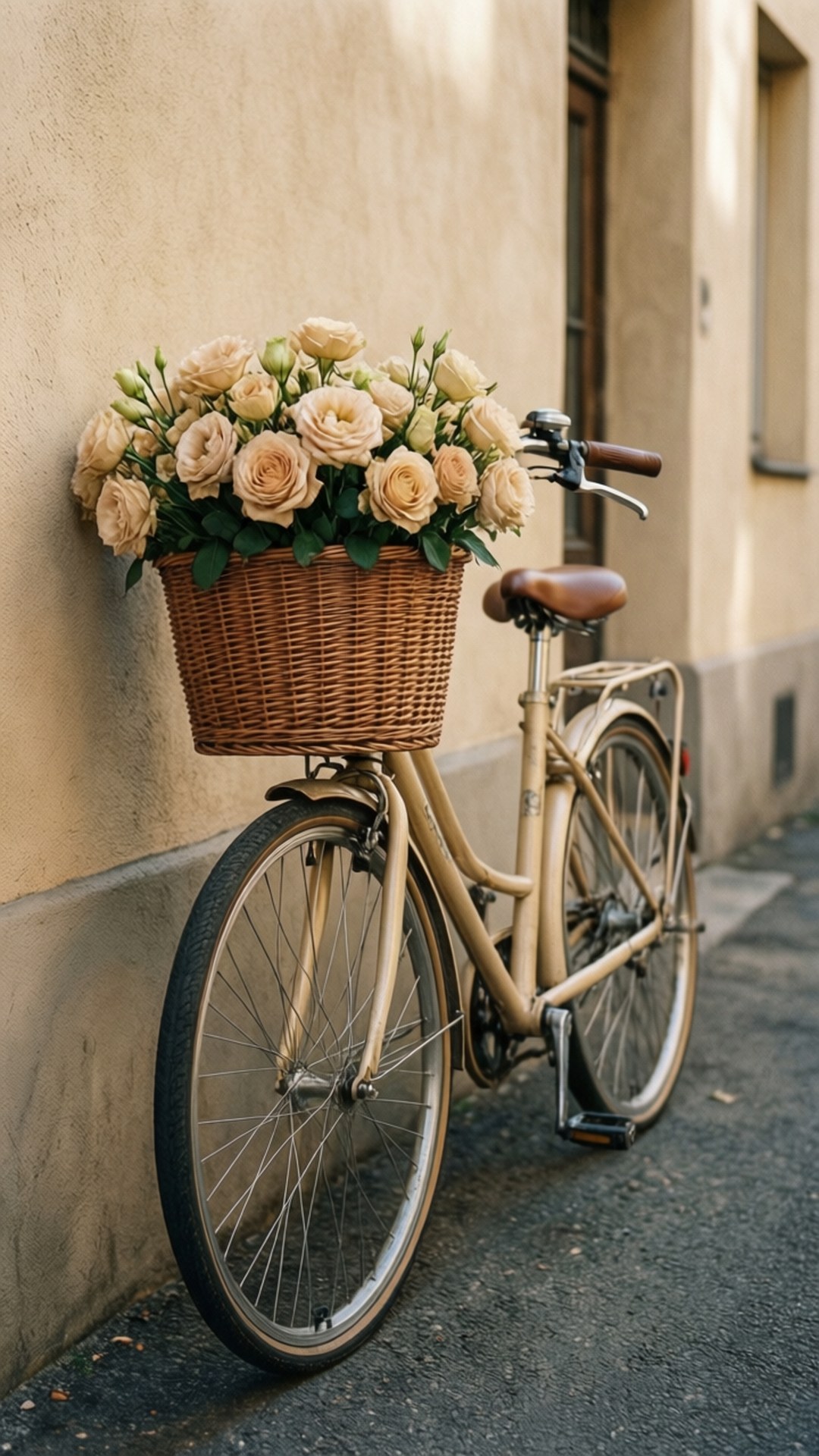 Beige Bicycle with Flowers 壁紙 — 一輛復古腳踏車，藤籃裡滿載奶油色玫瑰，靠在一條寧靜街道上陽光普照的米色牆壁上。
