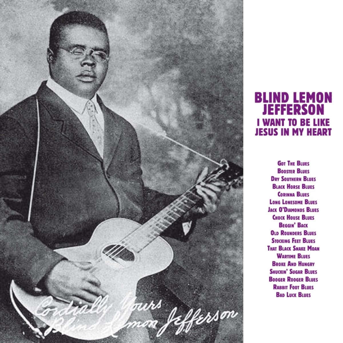 Album Cover 桌布 壁紙 — Blind Lemon Jefferson 的復古黑白肖像，手持吉他，紫色文字背景上有專輯曲目列表。