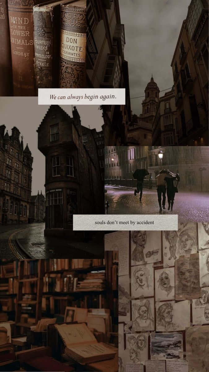 Dark Book Aesthetic 桌布 壁紙 — 復古書籍和雨中的鵝卵石街道，通過素描和詩意引言營造出一種憂鬱的文學氛圍。