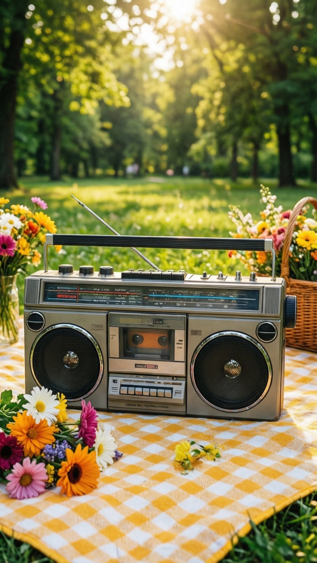 Boombox Picnic 壁紙 — 一部復古銀色手提音響放在黃白格子毯上，位於陽光普照的公園，周圍環繞著色彩繽紛的野花。