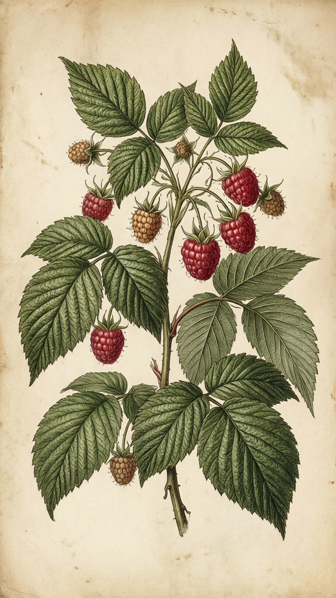 Vintage Raspberry Print 壁紙 — 復古植物插圖，描繪覆盆子植物，帶有綠葉和紅色及未成熟的金色漿果，位於舊紙上。