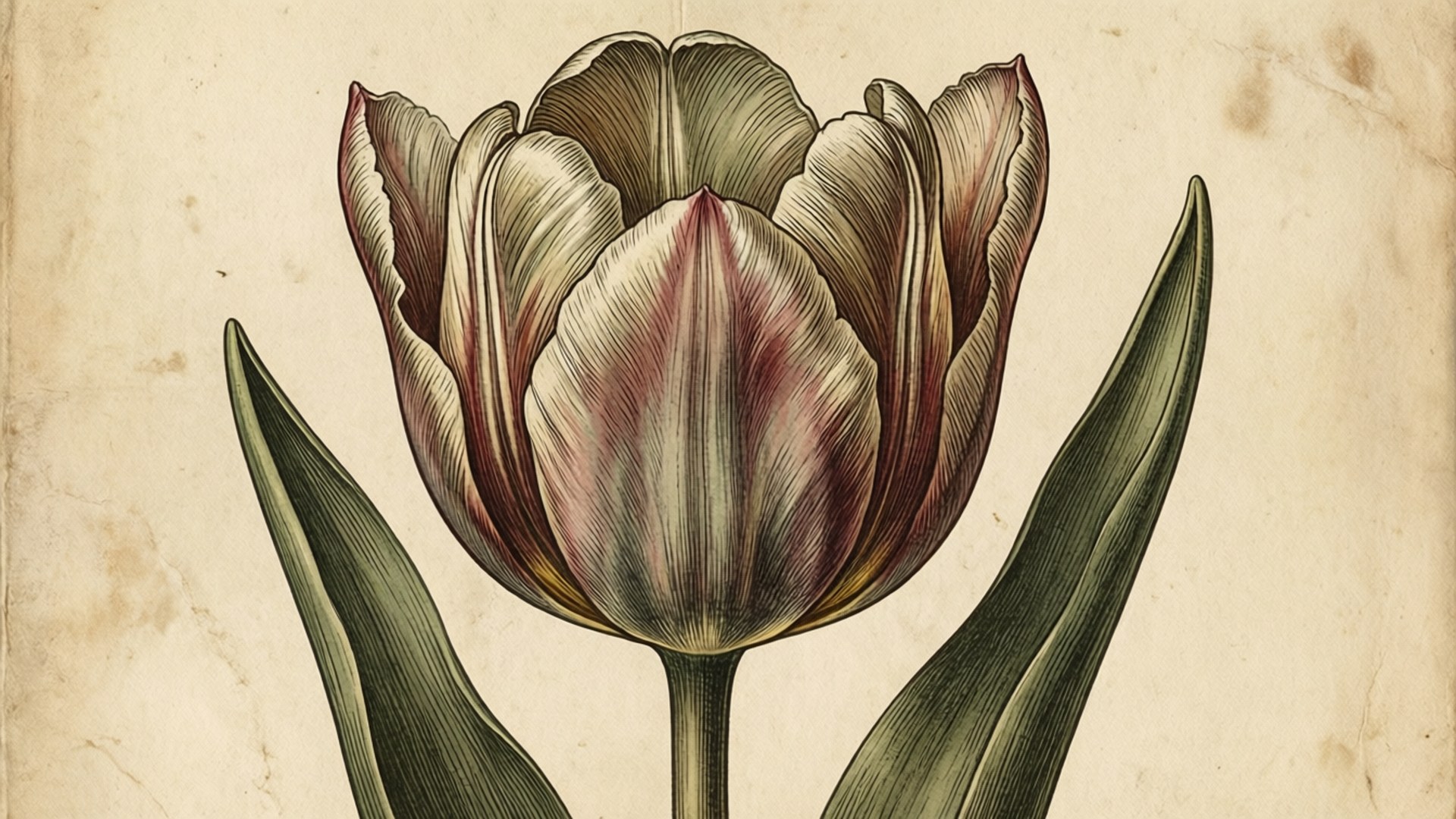 Vintage March Tulip 壁紙 — 一幅詳細的復古植物插圖，描繪了一朵帶有粉紅色和綠色大理石紋花瓣的鬱金香，位於舊羊皮紙上。