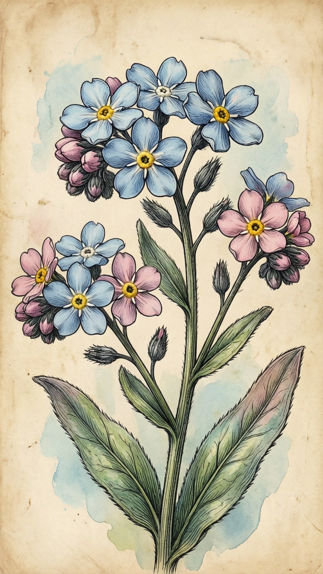 Vintage Botanical Forget-Me-Nots 壁紙 — 復古植物插圖，描繪勿忘我藍色和粉紅色花朵，背景為陳舊羊皮紙。