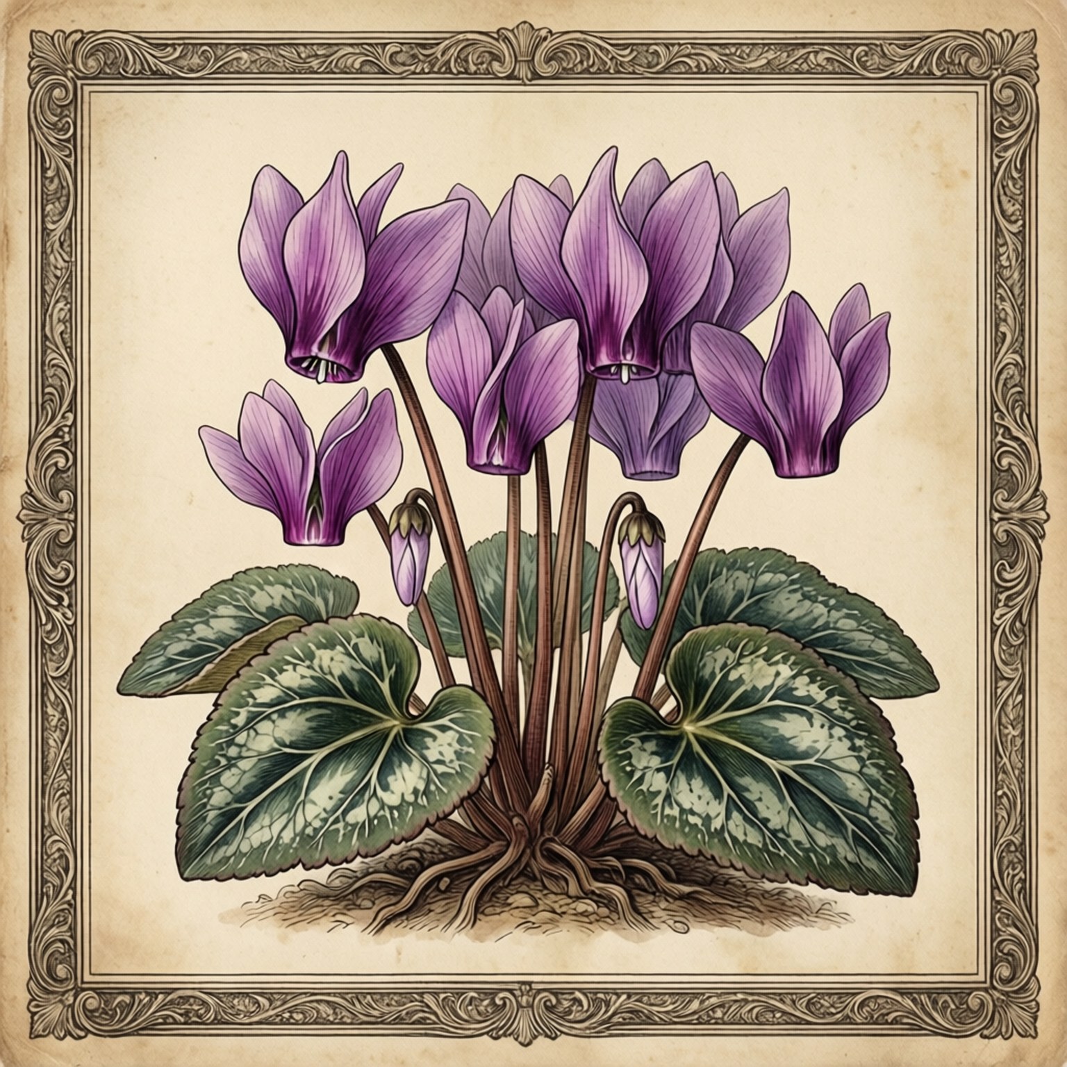 Vintage Botanical Cyclamen 壁紙 — 一幅復古植物插圖，描繪紫色仙客來花朵與雜色綠葉，鑲嵌在華麗的捲曲裝飾中。