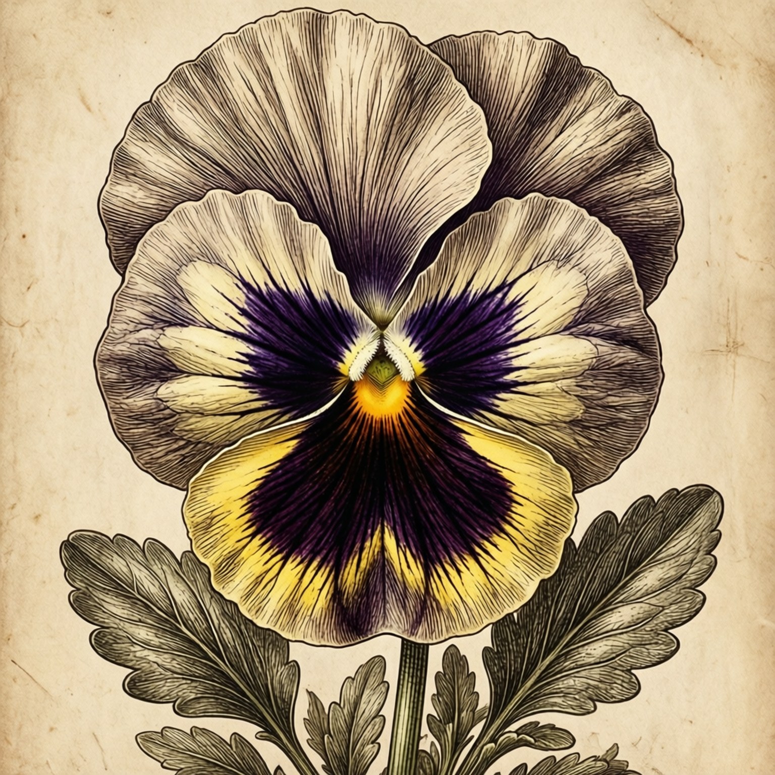 Vintage Botanical Print 壁紙 — 一幅復古植物插圖，描繪一朵紫、黃、奶油色花瓣的三色堇，位於陳舊羊皮紙上。