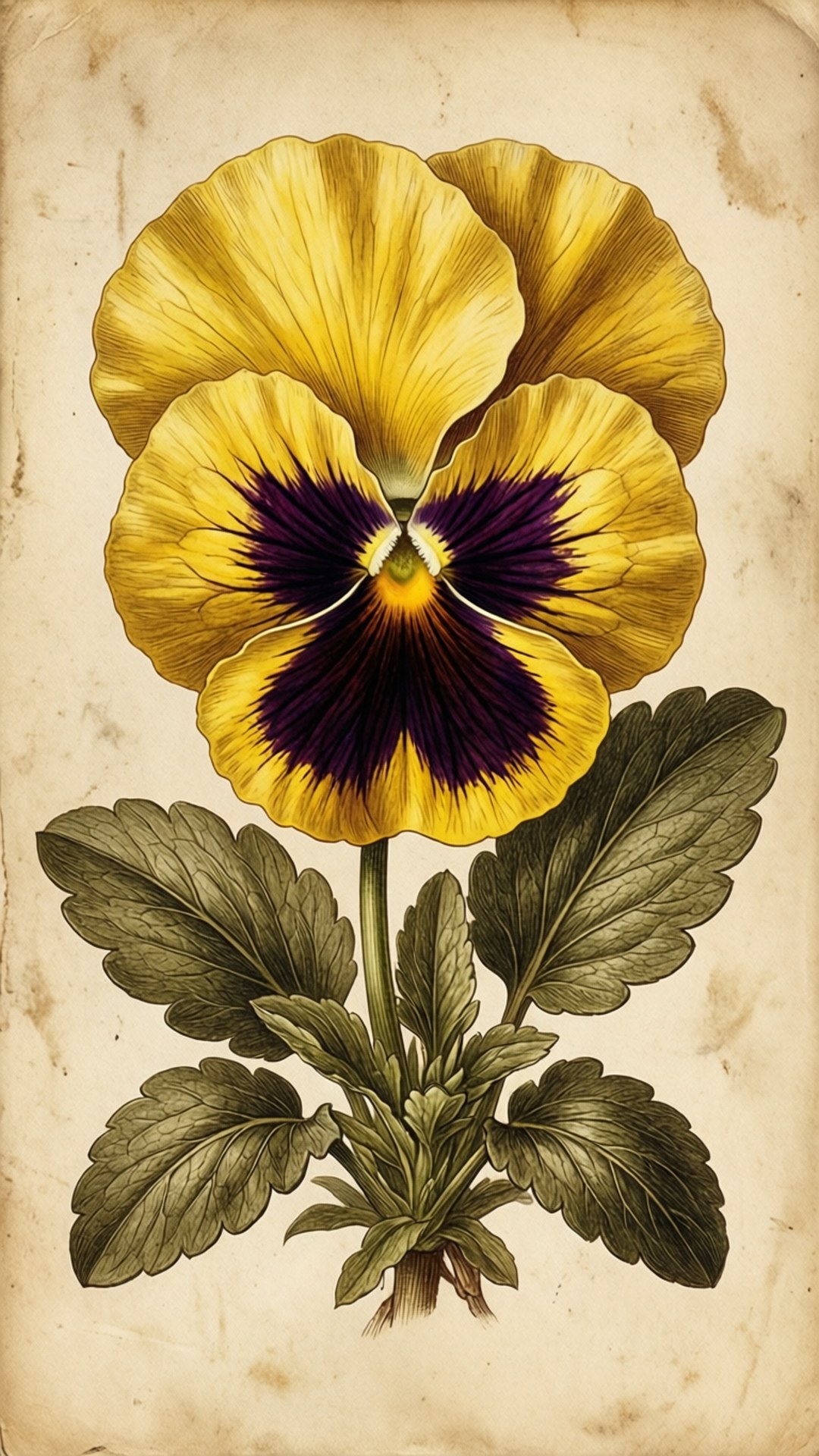Vintage Botanical Pansy 壁紙 — 一幅復古植物插圖，描繪一朵黃色三色堇，帶有深紫色中心和綠色葉子，位於陳舊羊皮紙上。