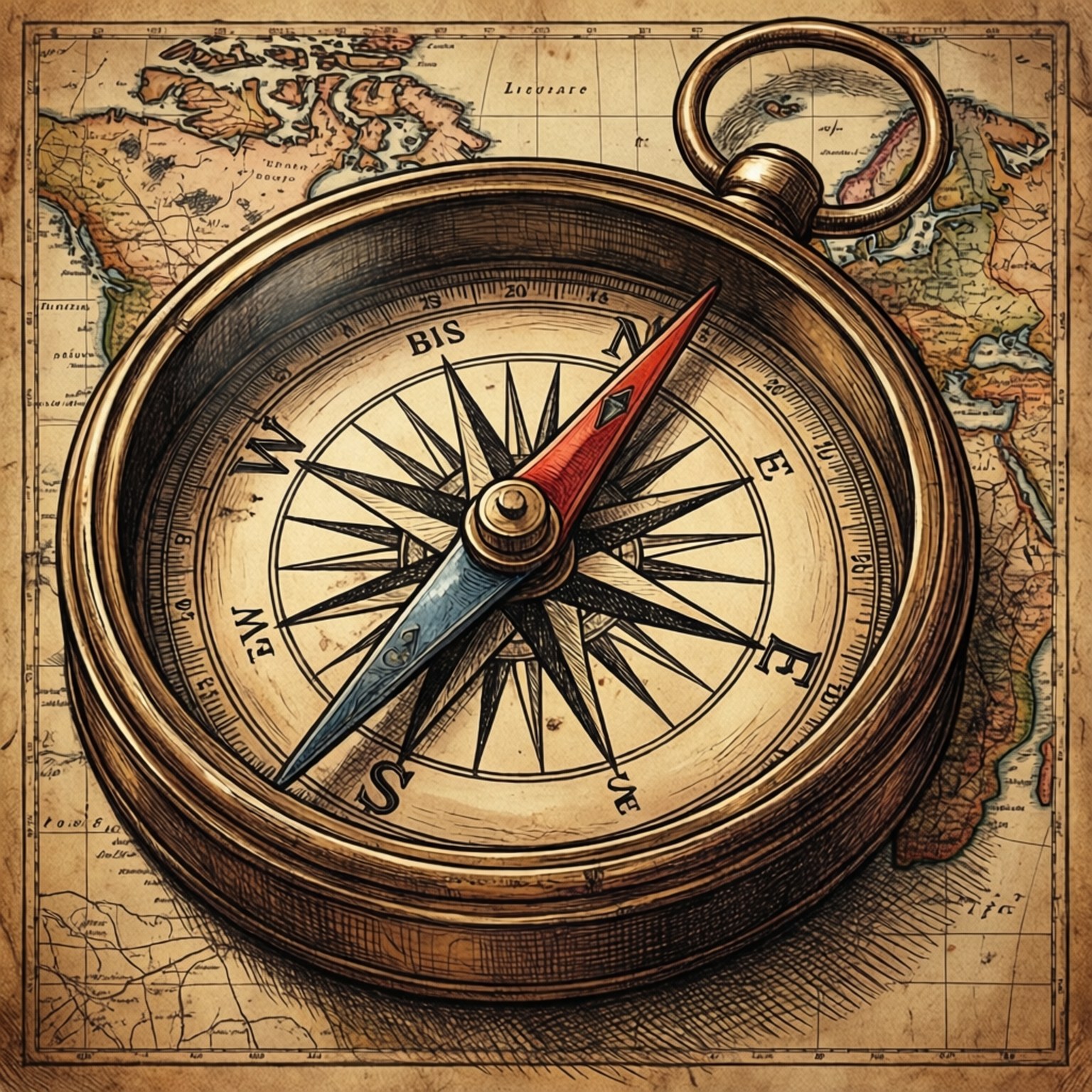 Vintage Compass Map Doodle 壁紙 — 一個帶有紅色和藍色指針的復古黃銅指南針，放在一張顯示大陸和網格線的舊世界地圖上。