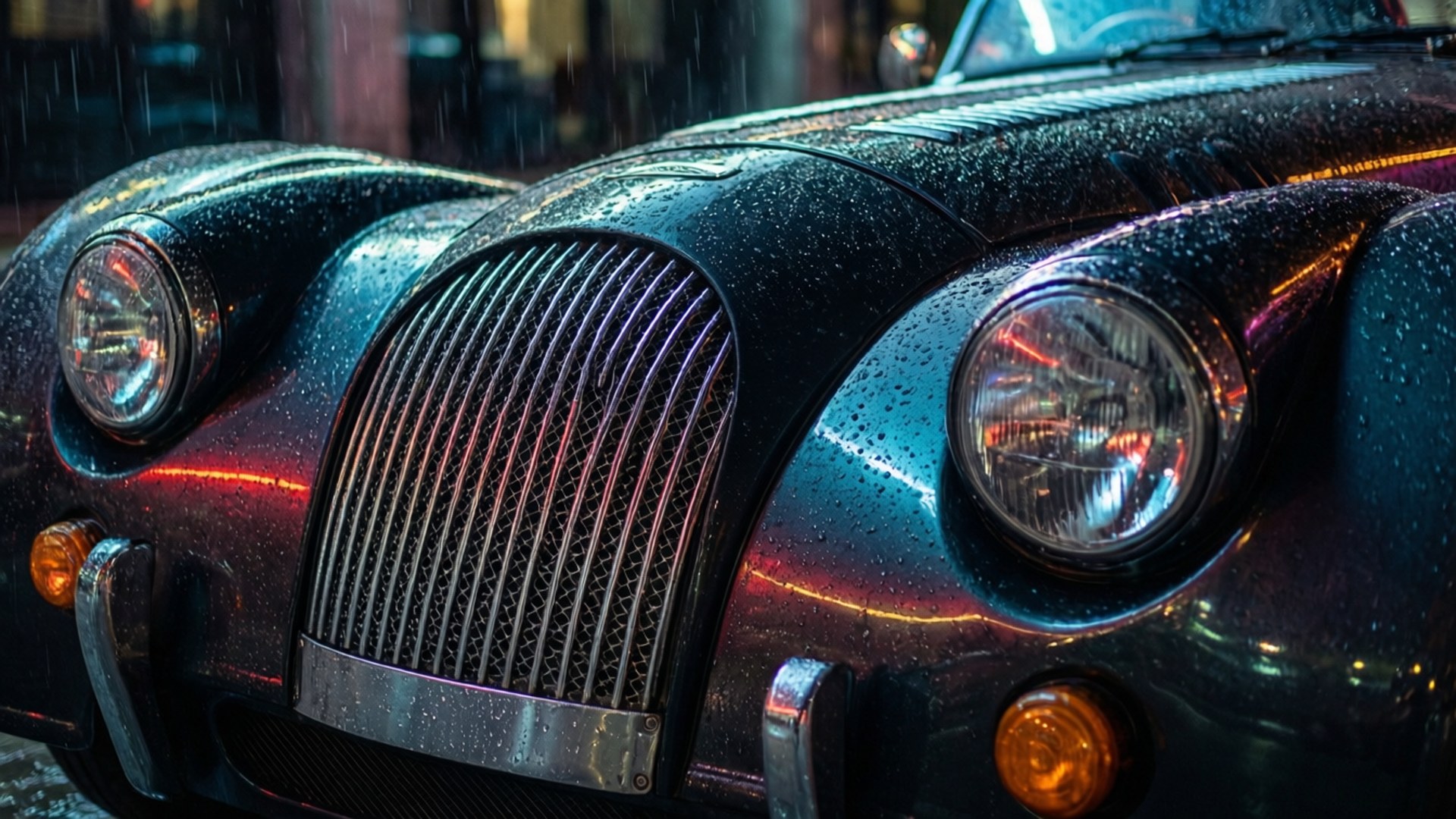 Morgan Roadster 桌布 壁紙 — 一輛復古車的前格柵在雨中閃耀，霓虹反射和水滴在其深色表面上閃閃發光。