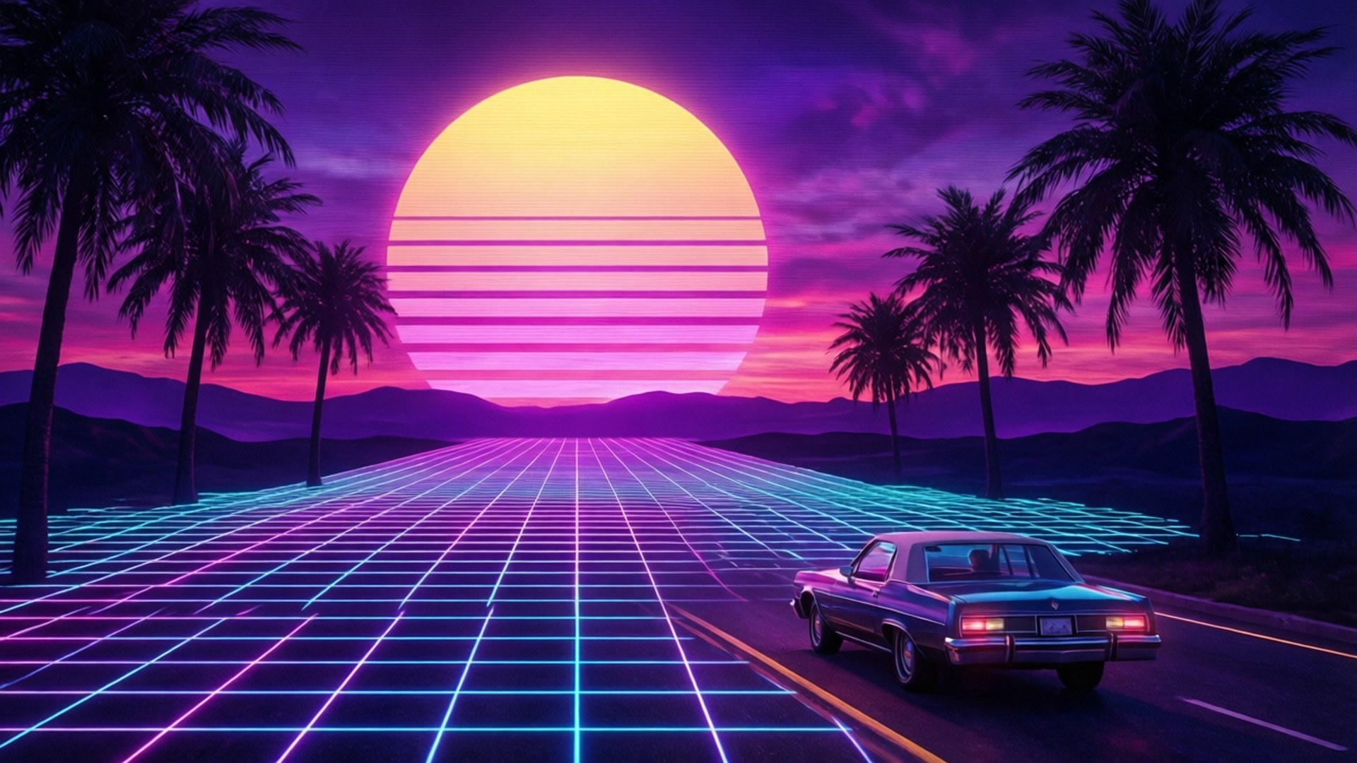 Synthwave Sunset Drive 壁紙 — 一輛復古汽車在發光的霓虹網格道路上行駛，背景是巨大的條紋日落和棕櫚樹。
