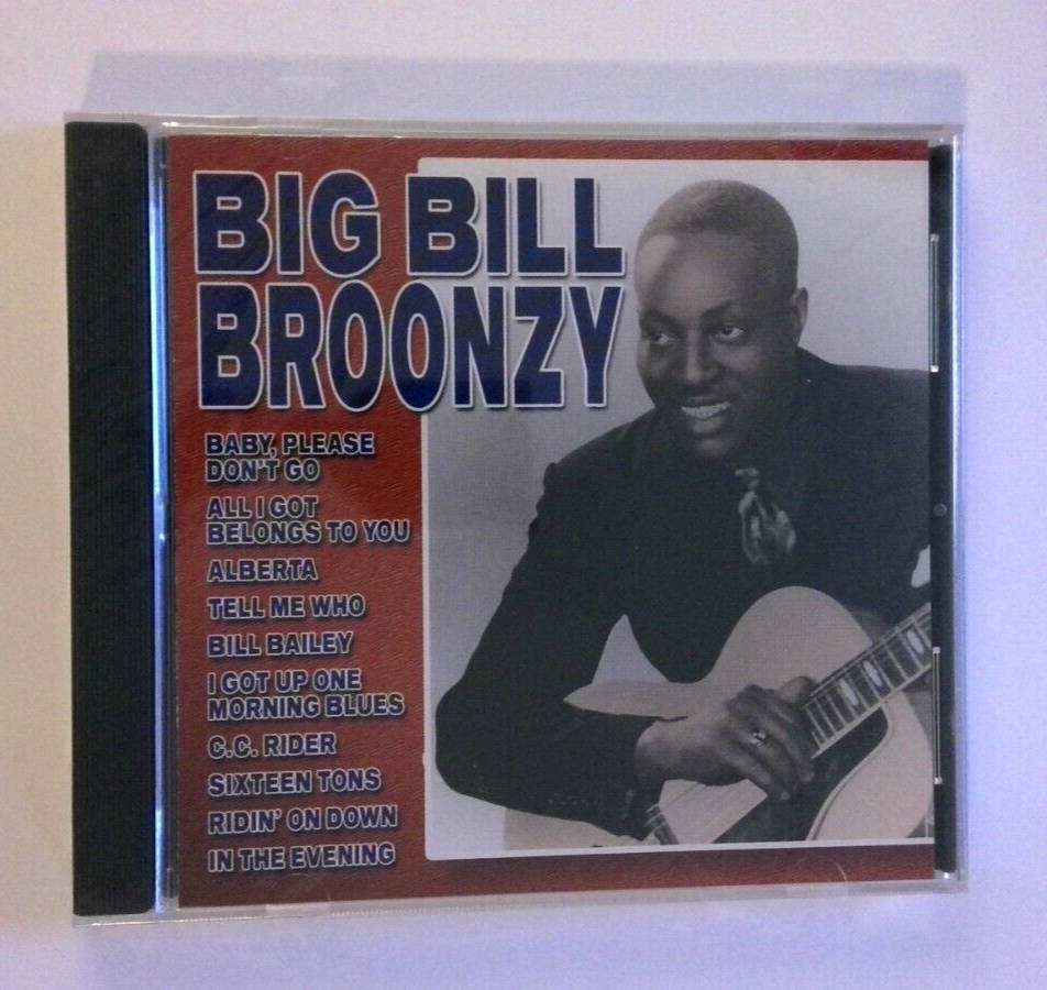 poster 桌布 壁紙 — Big Bill Broonzy 微笑著抱著木吉他，背景為紅色並有歌曲名稱的復古CD封面。