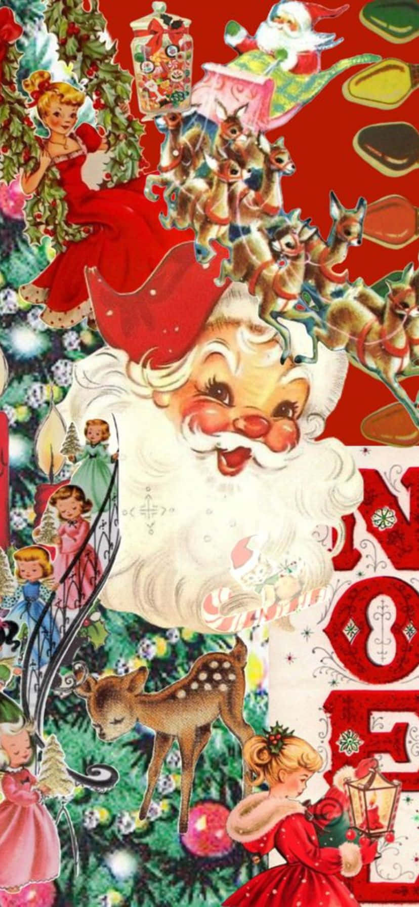  壁紙 — 復古聖誕桌布，聖誕老人被馴鹿孩子和節日裝飾包圍在紅色背景上。
