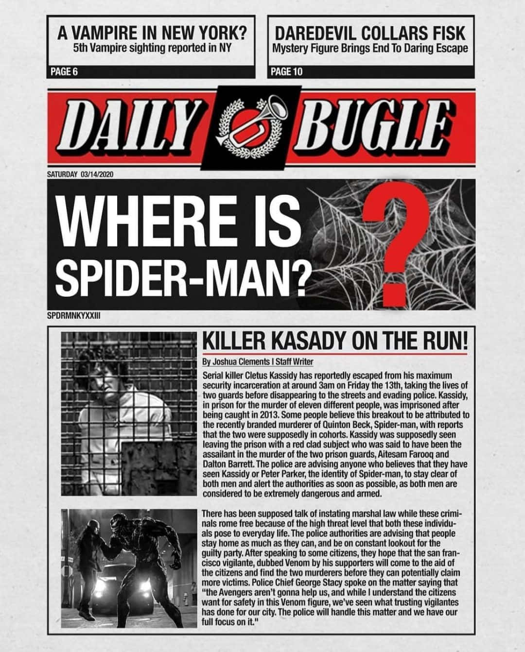 Daily Bugle 桌布 壁紙 — 一份復古漫畫風格報紙頭版，以粗體標題報導蜘蛛人失蹤和殺手卡薩迪越獄。