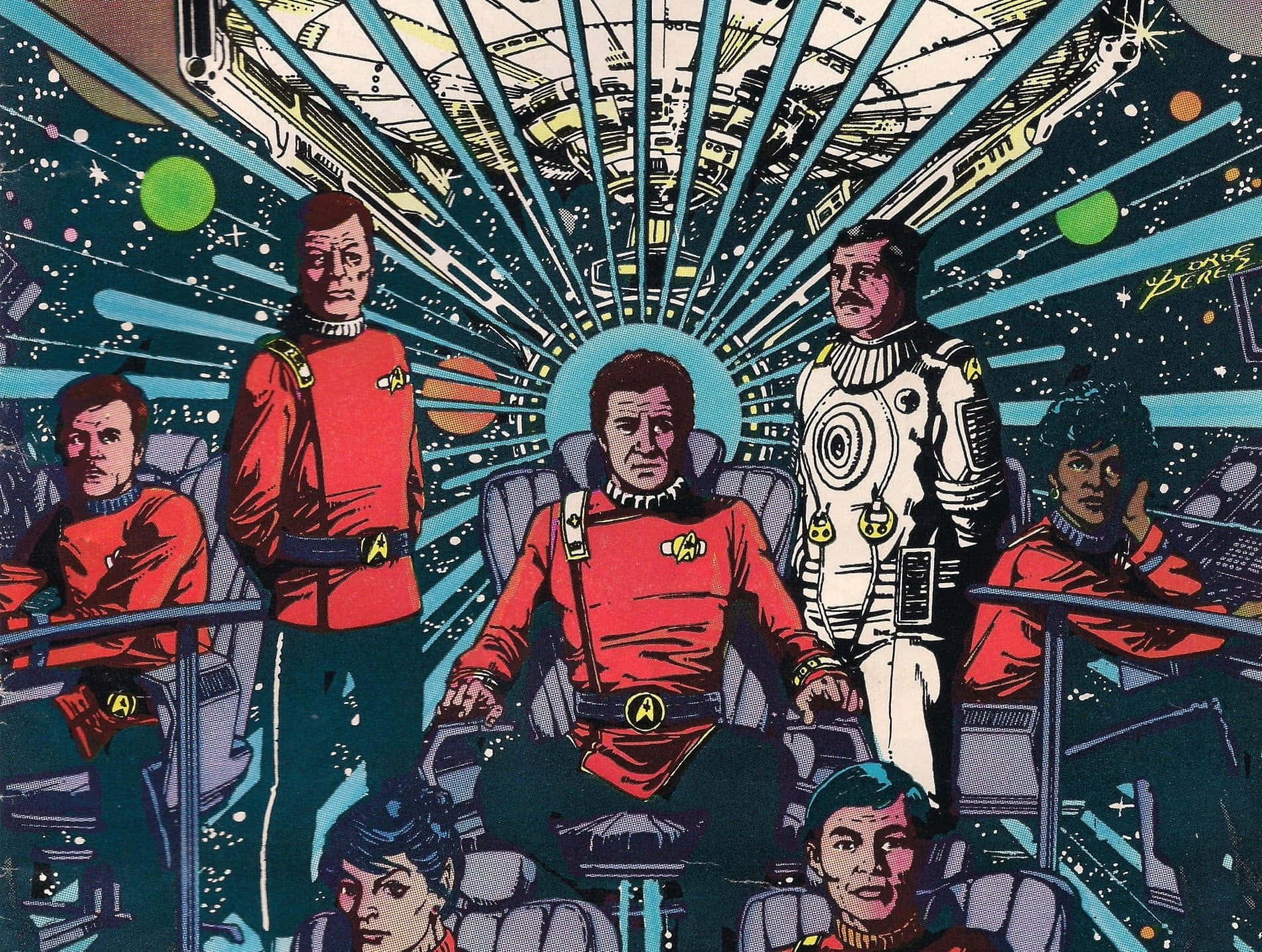  壁紙 — 星際爭霸戰船員在太空船艦橋上的復古漫畫插圖，帶有宇宙背景和大膽的色彩搭配。
