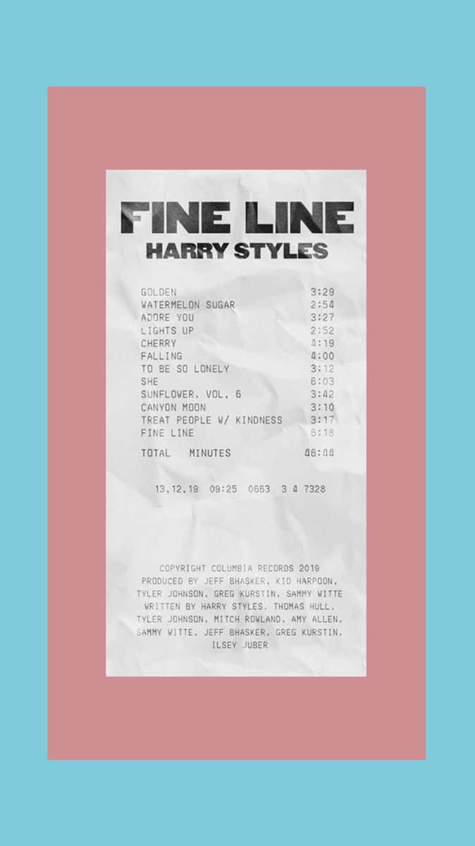  壁紙 — 一張復古風格的Harry Styles《Fine Line》專輯演唱會門票，印有歌曲列表和時間戳，採用紋理紙張。