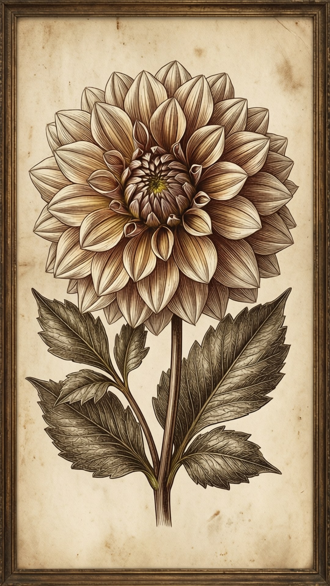 Dahlia 桌布 壁紙 — 一幅詳細的復古風格插圖，描繪了木框內陳舊羊皮紙上帶有層層花瓣和葉子的大麗花。