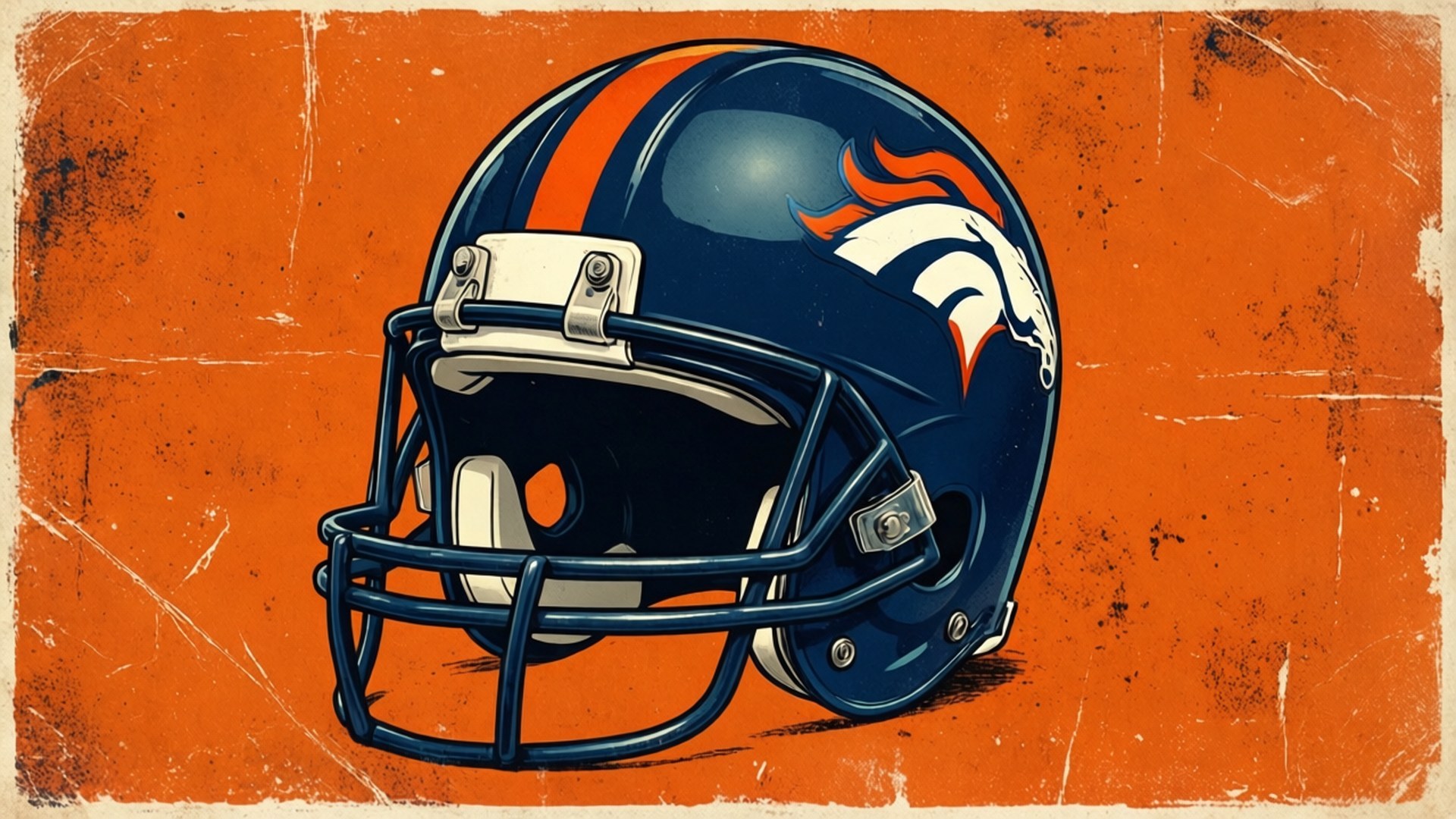 Retro 70s Helmet 壁紙 — 一個復古丹佛野馬隊美式足球頭盔，帶有藍色、橙色和白色點綴，放在磨損的橙色背景上。