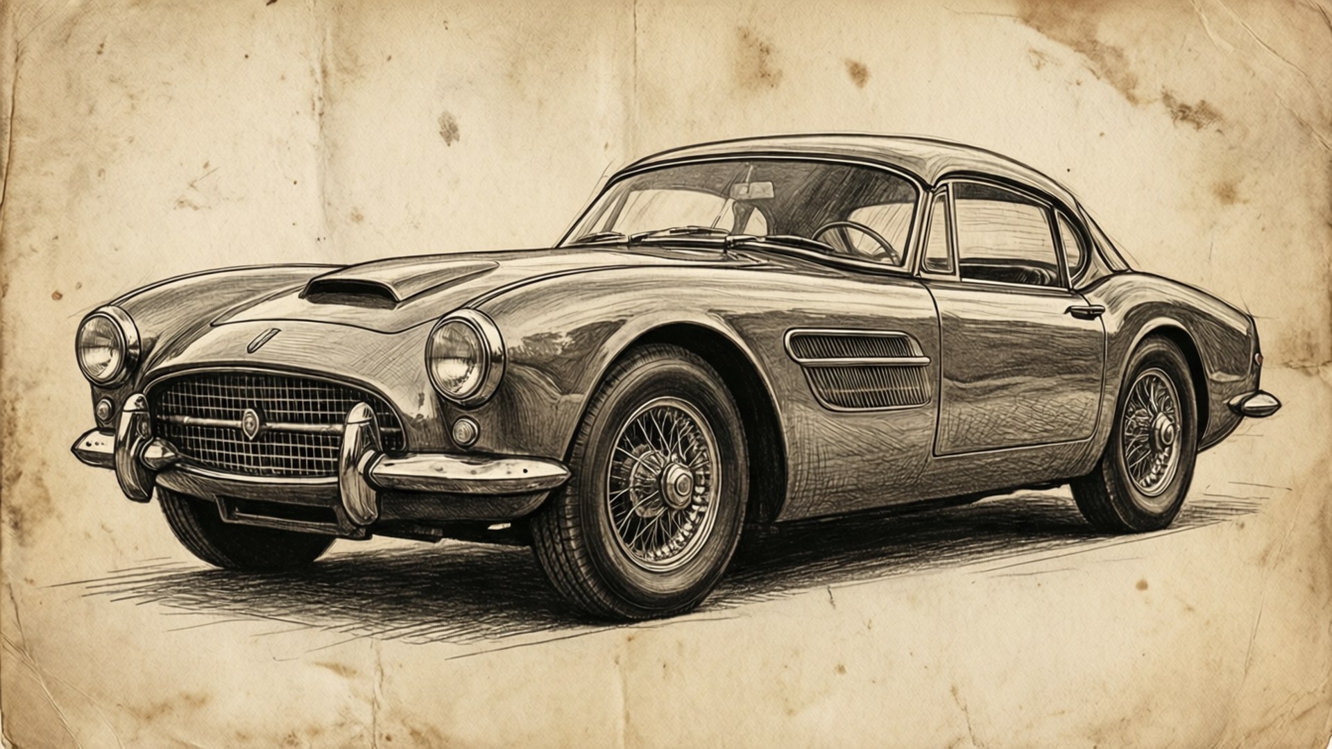 Vintage Car Sketch 壁紙 — 一張詳細的鉛筆素描，描繪一輛復古法拉利跑車，畫在陳舊的羊皮紙上，帶有可見的摺痕和污漬。
