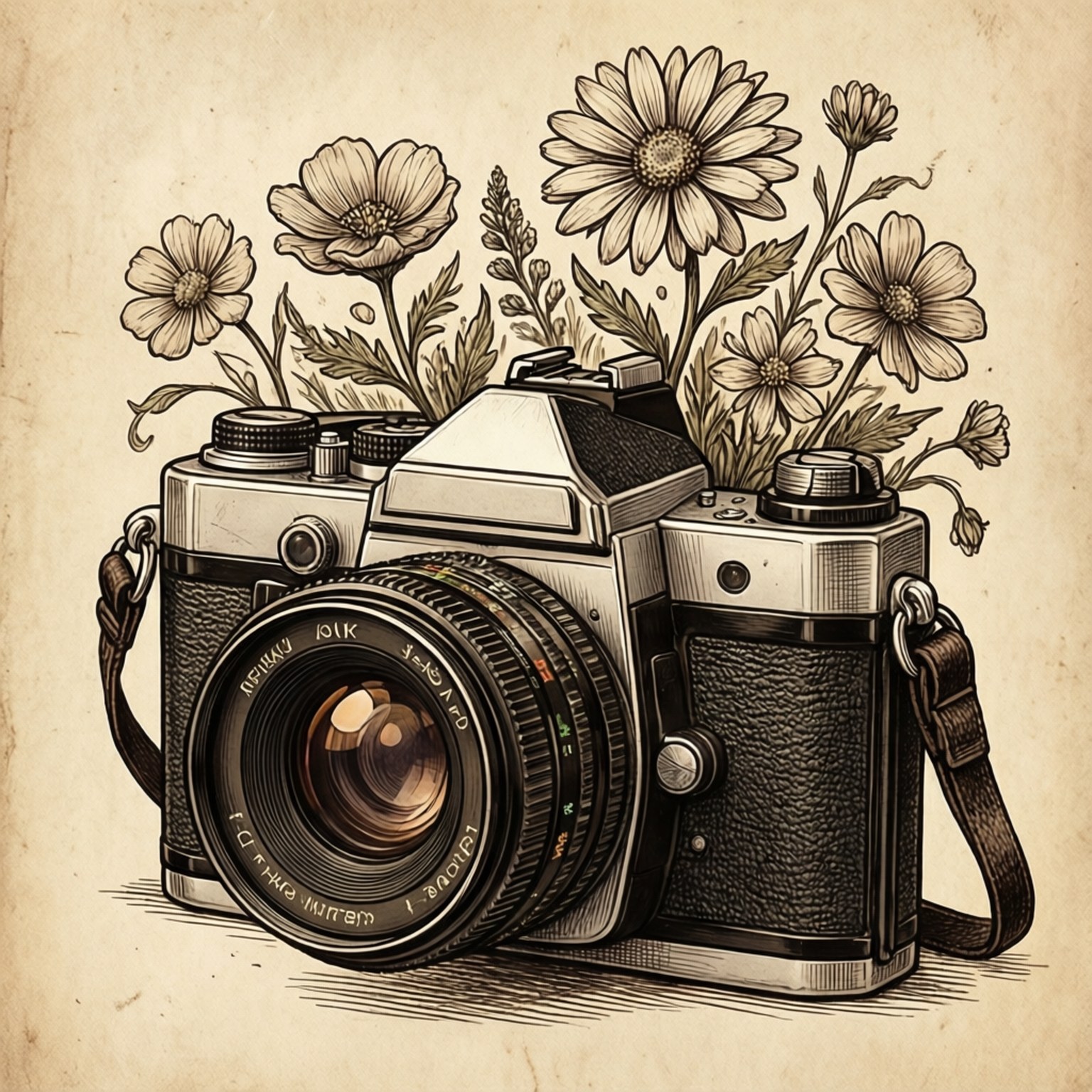 Vintage Camera Floral Doodle 壁紙 — 一部復古底片相機，頂部長出花朵，背景為有紋理的米色。