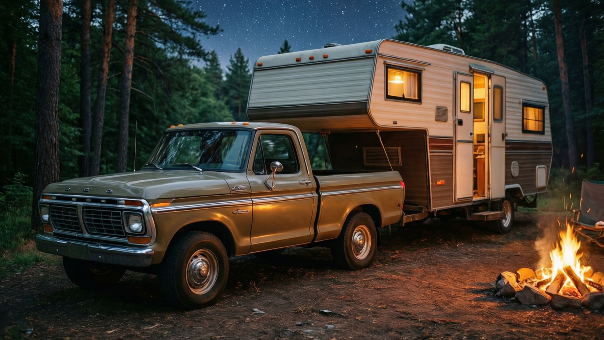 Camping Classic 壁紙 — 一輛復古金色福特皮卡拖著露營車停在森林中，夜晚附近有發光的營火，星空下。