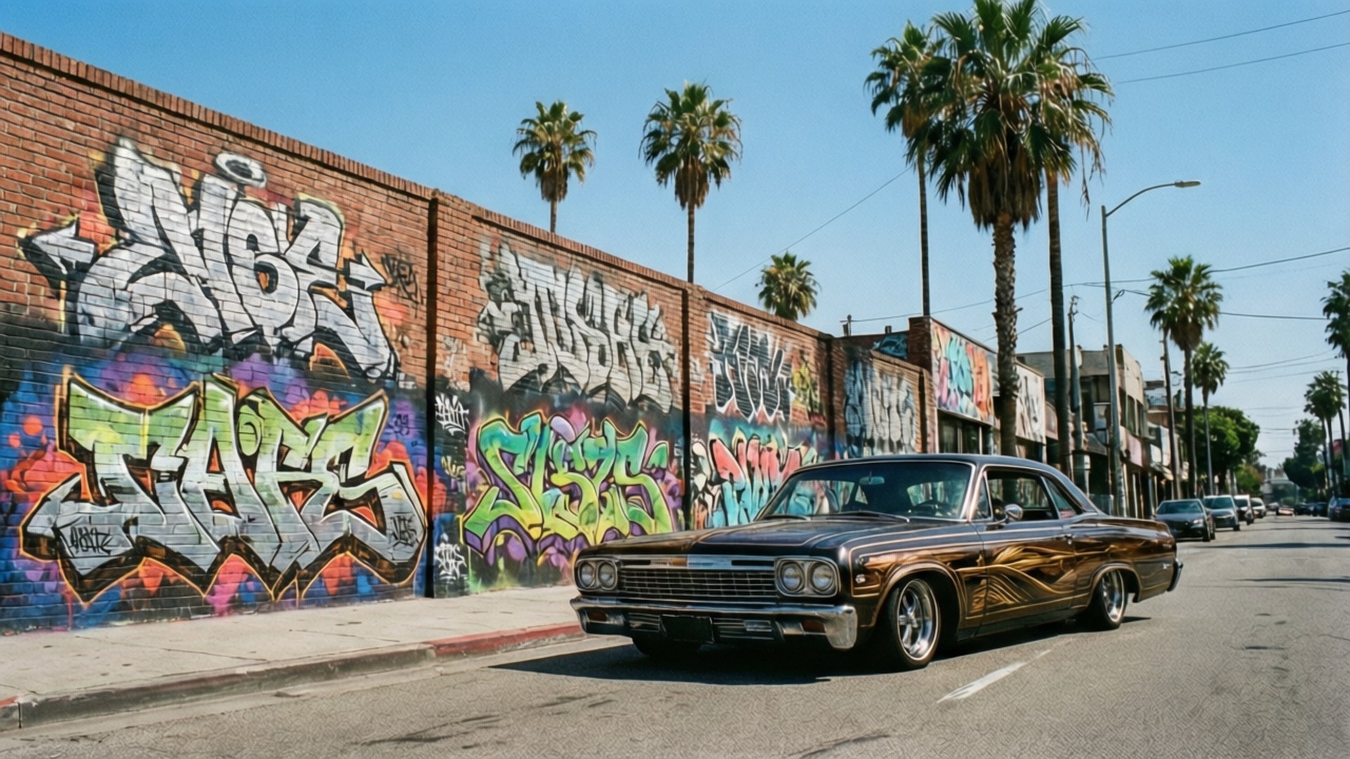 LA Street Art Lowrider 壁紙 — 一輛復古金色和黑色的肌肉車停在陽光明媚的街道上，旁邊是充滿活力的塗鴉磚牆，背景有棕櫚樹。