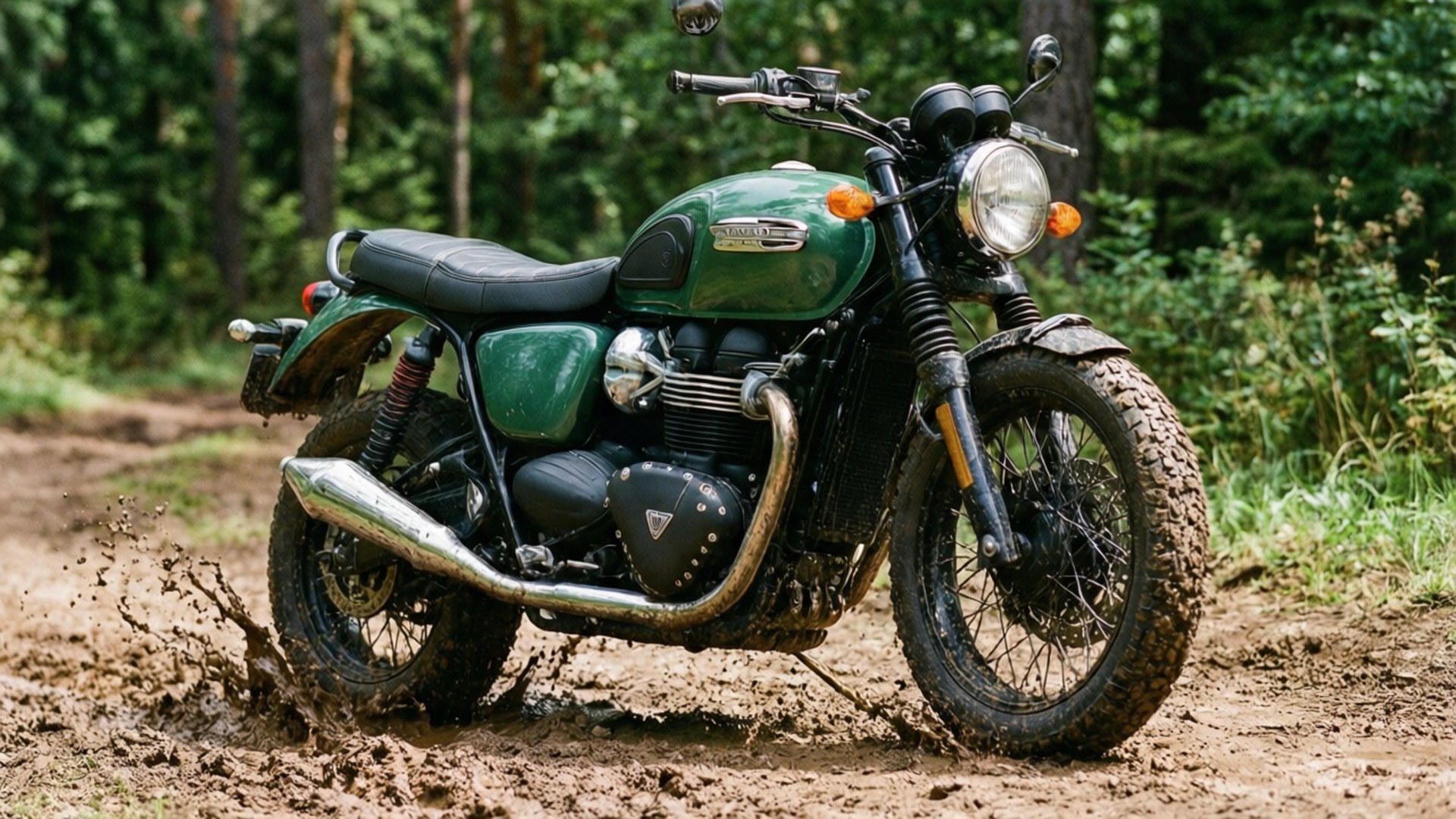 Scrambler Adventure 壁紙 — 一輛復古綠色摩托車帶有鍍鉻裝飾，在泥濘的森林小徑上濺起泥水。