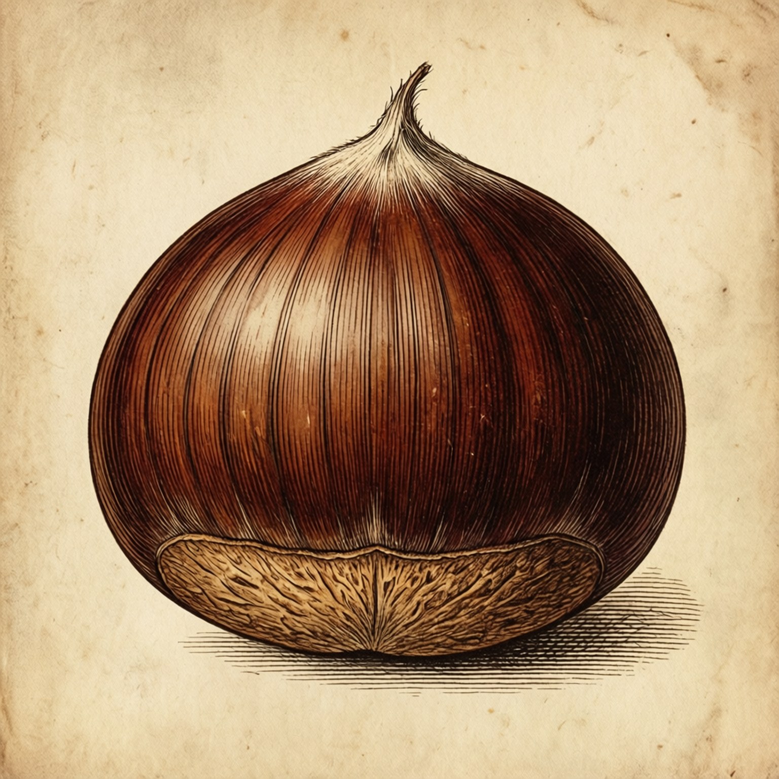 Chestnut 桌布 壁紙 — 一張詳細的復古插圖，描繪單顆栗子，帶有豐富的棕色色調和精細的線條陰影，繪於舊羊皮紙上。