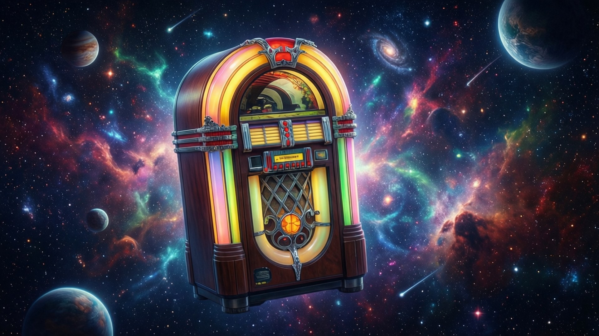 Cosmic Jukebox in Space 壁紙 — 一部復古點唱機在旋轉星雲和遙遠行星的充滿活力的宇宙背景下發出彩虹霓虹燈光。