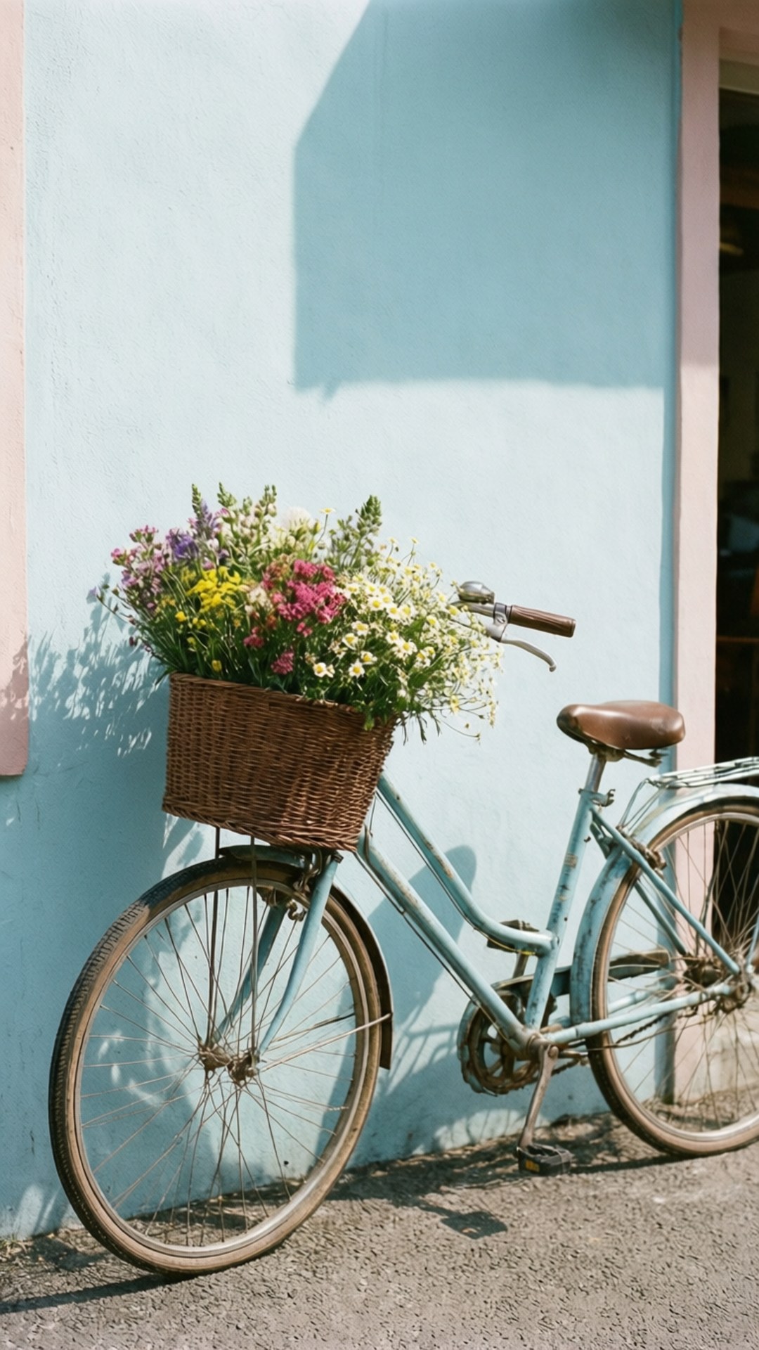 Vintage Bike Dreams 壁紙 — 一輛復古淺藍色腳踏車，藤籃裡裝滿色彩繽紛的野花，靠在一面粉藍色的牆上。