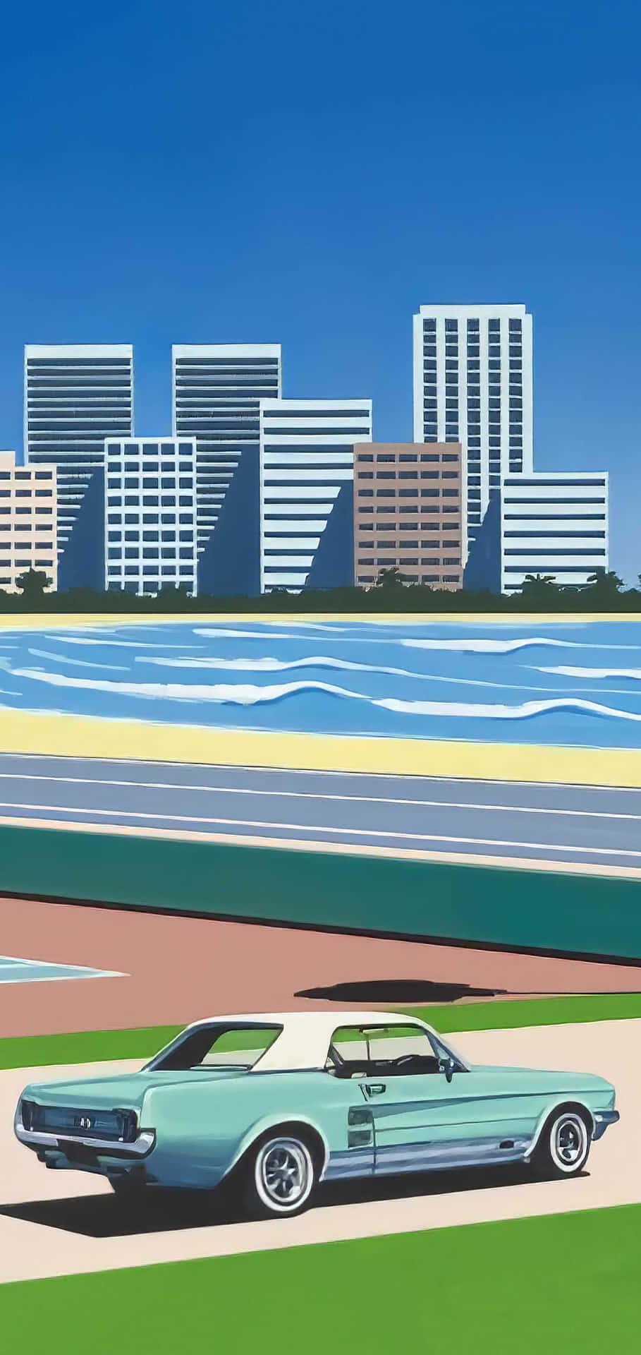  壁紙 — 一輛復古淺藍色敞篷車沿著海岸道路行駛，背景是現代城市摩天大樓和碧綠的海浪，在晴朗的藍天下。