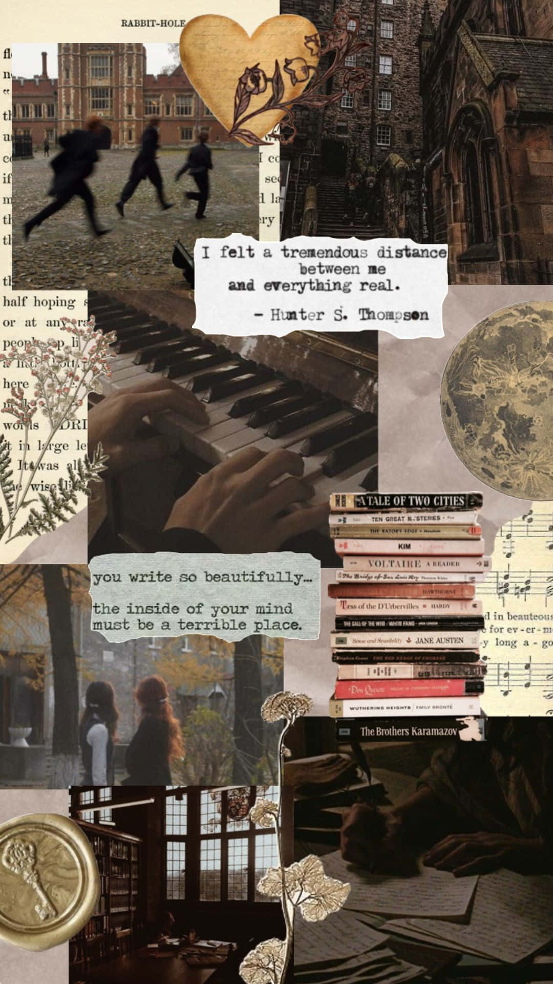 Dark Book Aesthetic 桌布 壁紙 — 一幅充滿懷舊氣息的拼貼畫，包含復古書籍封面、手寫語錄和棕褐色調的作家與圖書館場景，喚起文學懷舊之情。
