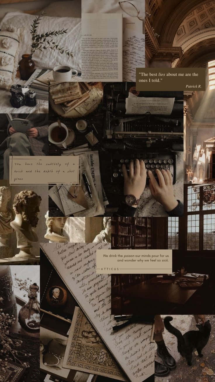 Dark Book Aesthetic 桌布 壁紙 — 一個復古文學拼貼畫，包含打字機上打字的手、手寫筆記、古董書籍和一隻黑貓在陽光照射的書房。