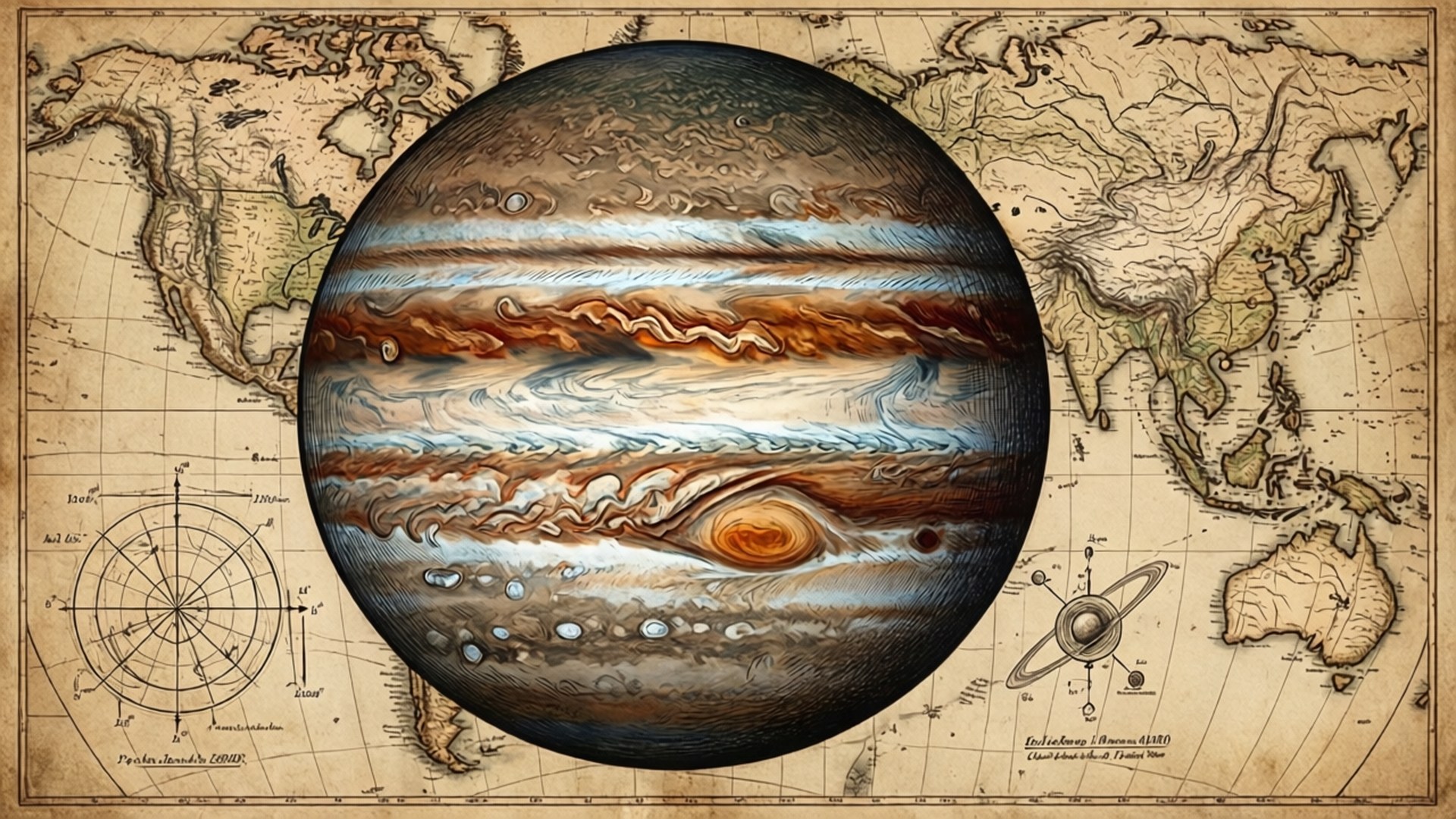 Vintage Astronomy Jupiter 壁紙 — 一張詳細的復古地圖，中央有大型木星描繪，帶有旋轉條紋和大紅斑，周圍環繞著包括指南針玫瑰和土星在內的古老製圖。