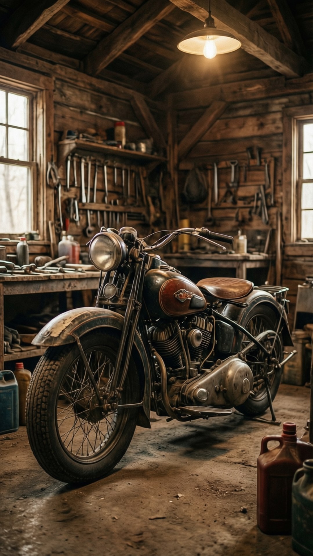 Vintage Garage Find 壁紙 — 一輛帶有棕色皮革座椅和鍍鉻細節的復古摩托車，停放在一個充滿工具和掛著扳手的質樸木製車庫中，車庫內只有一盞吊燈。